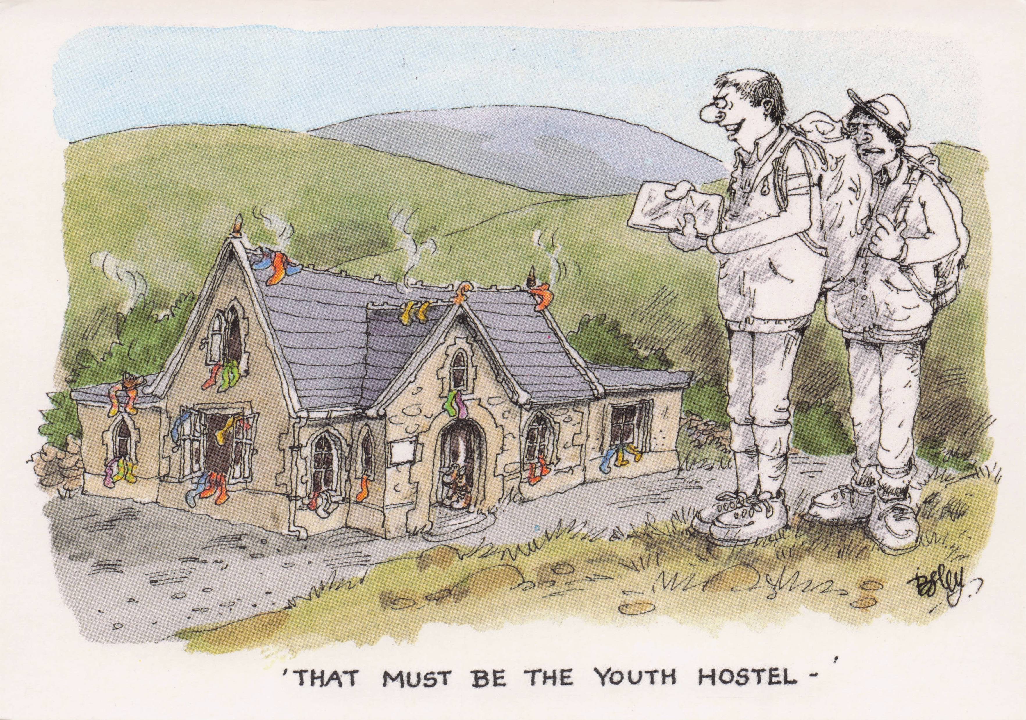Youth Hostel YMCA Camper Camping Holiday Tourists Map Comic Postcard