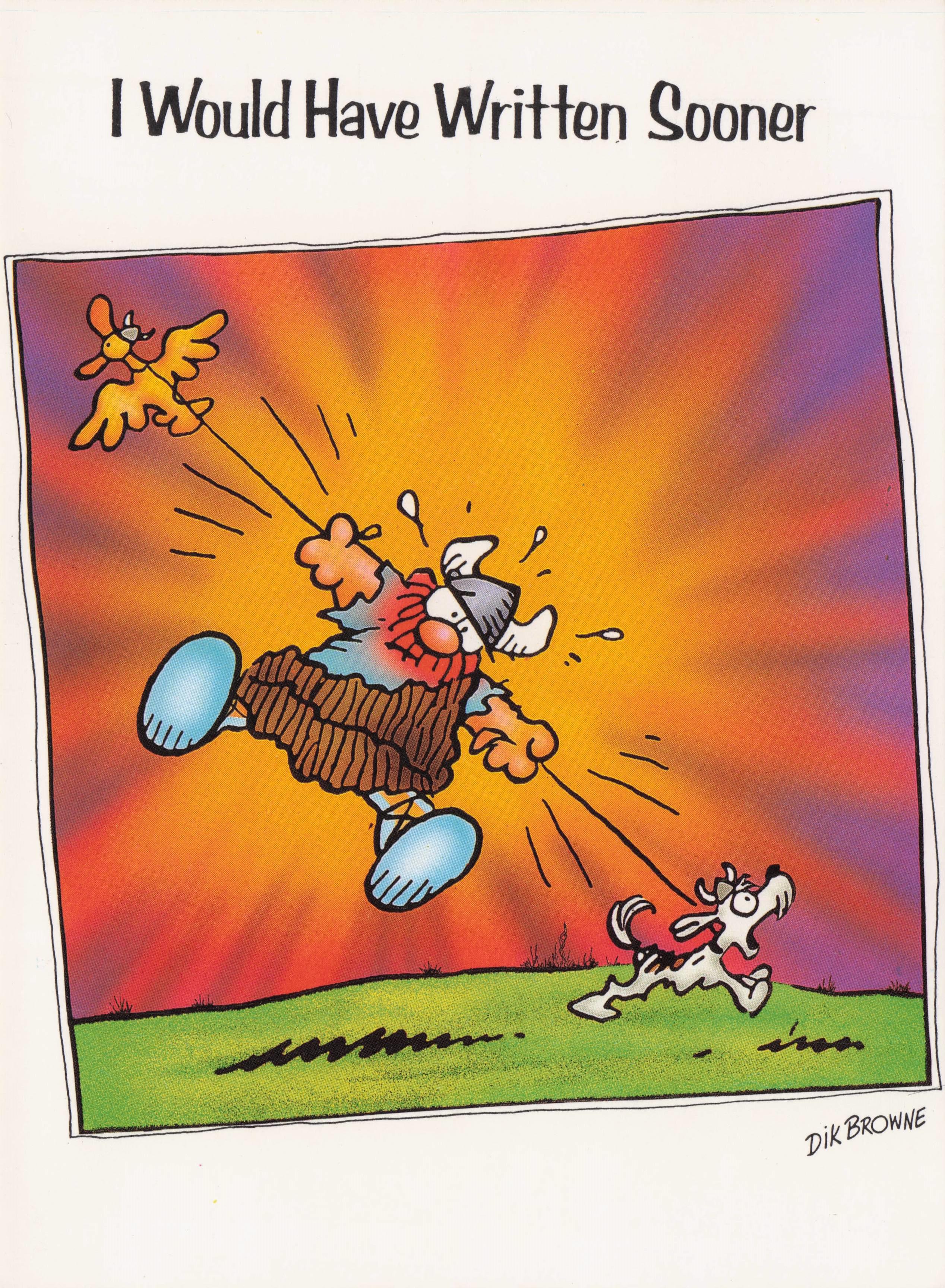 Viking Helmet Flying Bird as Kite Walking A Noisy Dog Comic Postcard