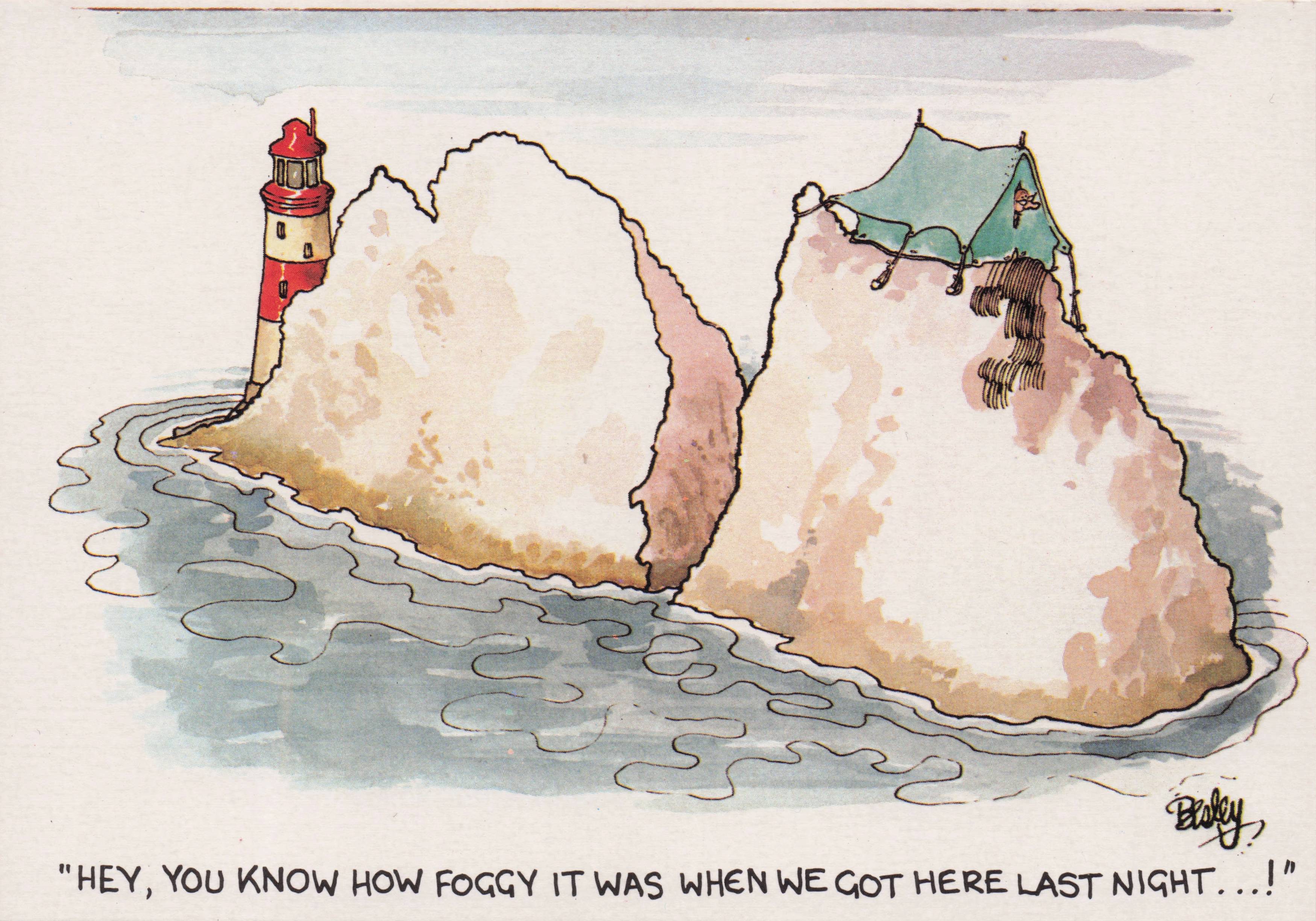 Camping Tent With Campers On Lighthouse Rock Disaster Holiday Comic Postcard