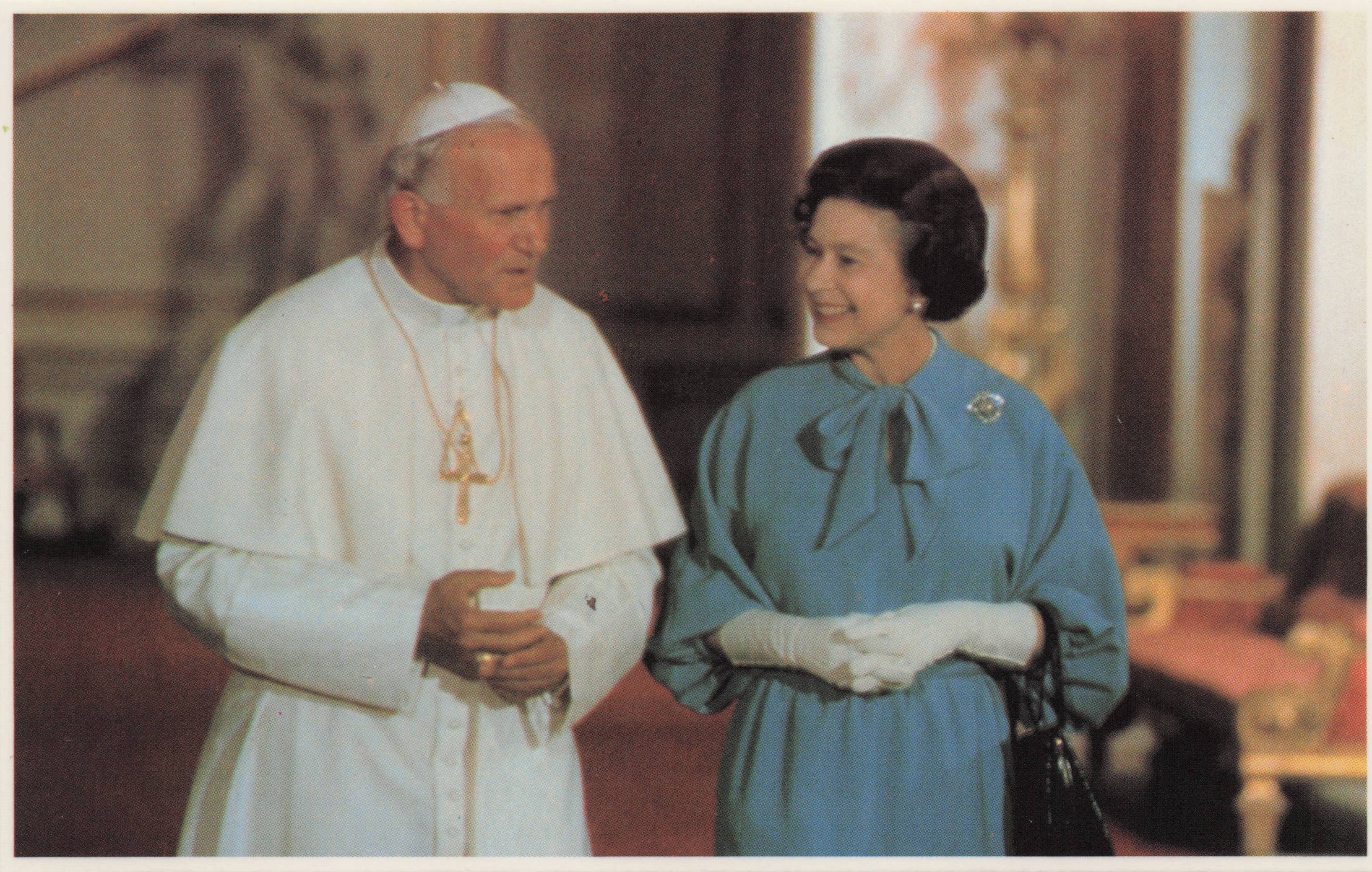 Queen Elizabeth II Royal Meets John Paul II Pope UK 1982 Visit Postcard