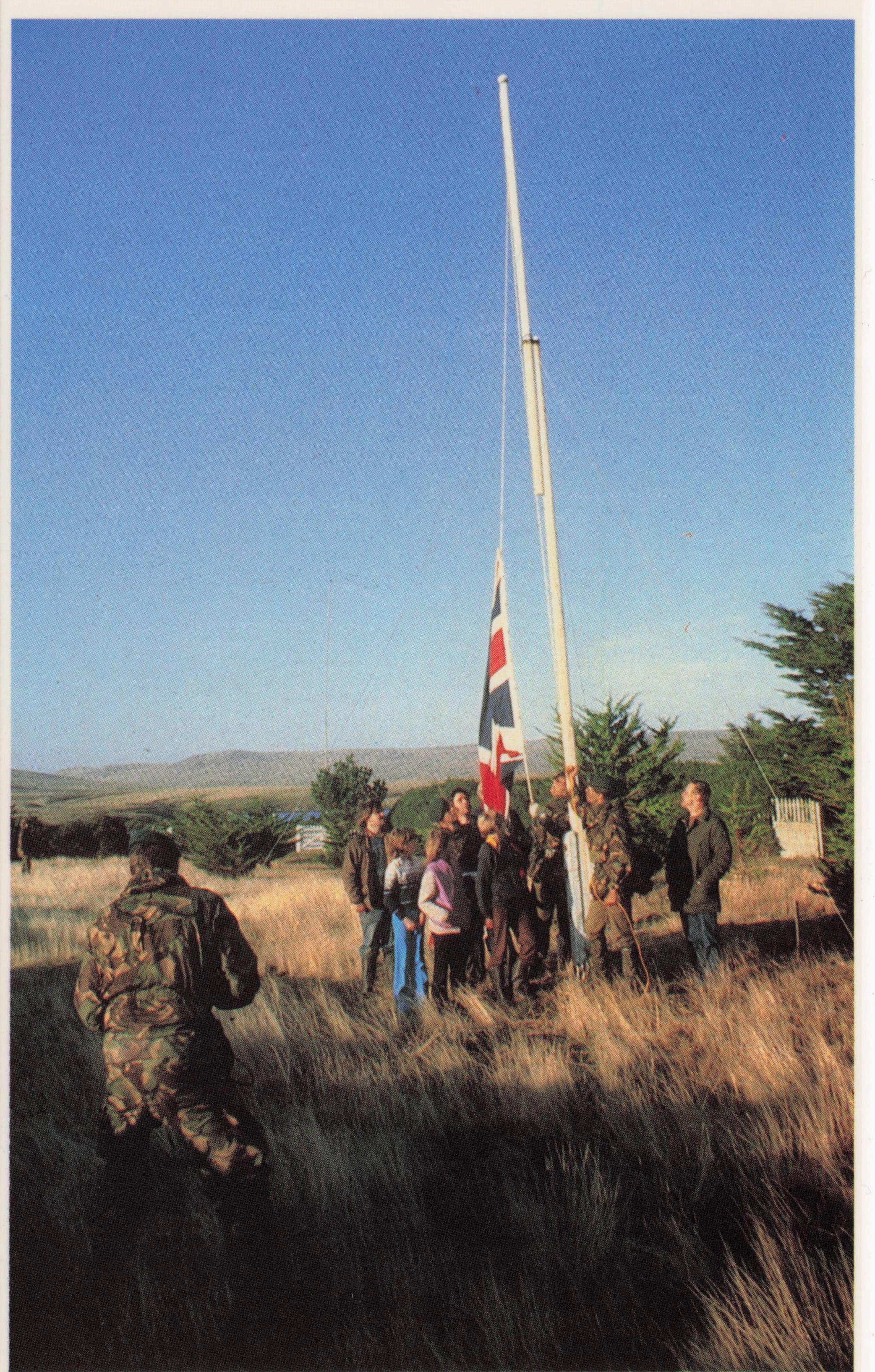 Falklands War Royal Marines Hoist Union Flag San Carlos Settlement Military Postcard