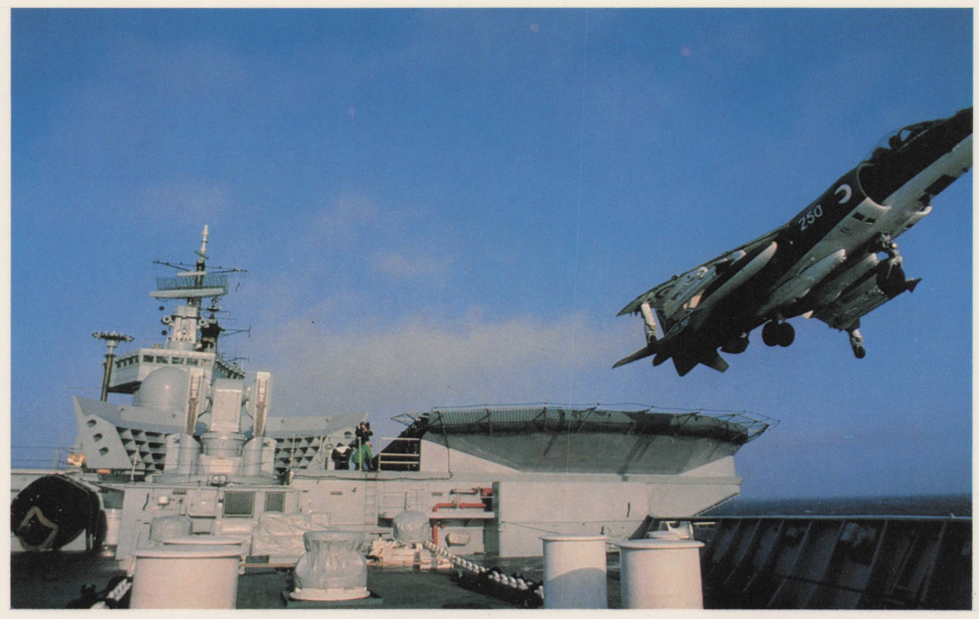 Falklands War HMS Invincible Sea Harrier Jet Fighter Air Take Off Military Postcard