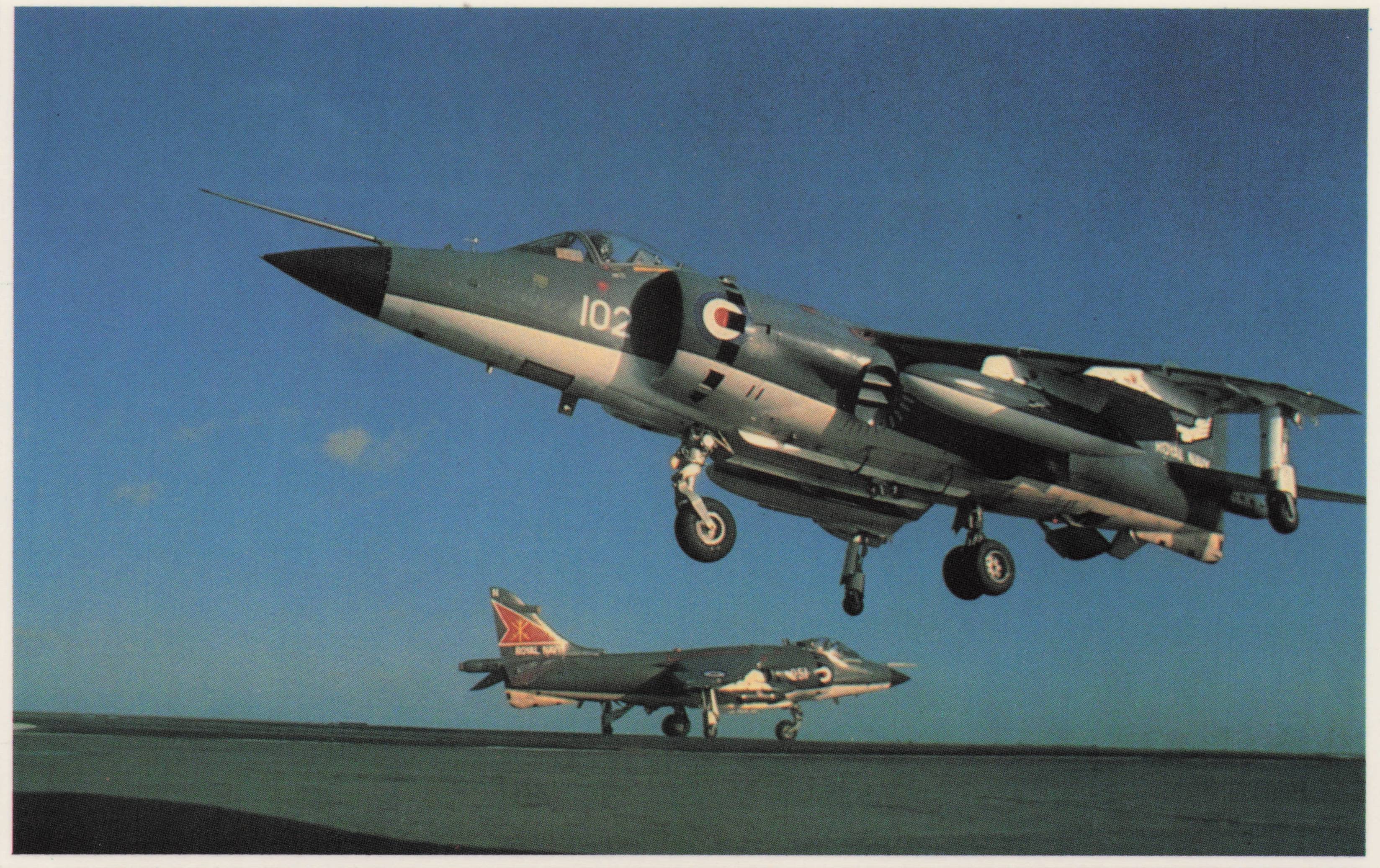 Falklands War Harrier Rises Vertically Carrier Ship Flight Deck Military Postcard