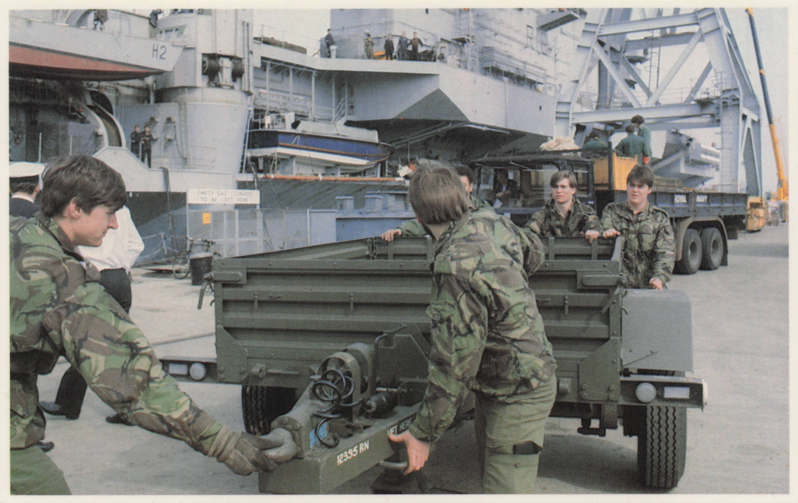 Falklands War Loading Stores Task Force Logistics Fleet Supply Navy Military Postcard