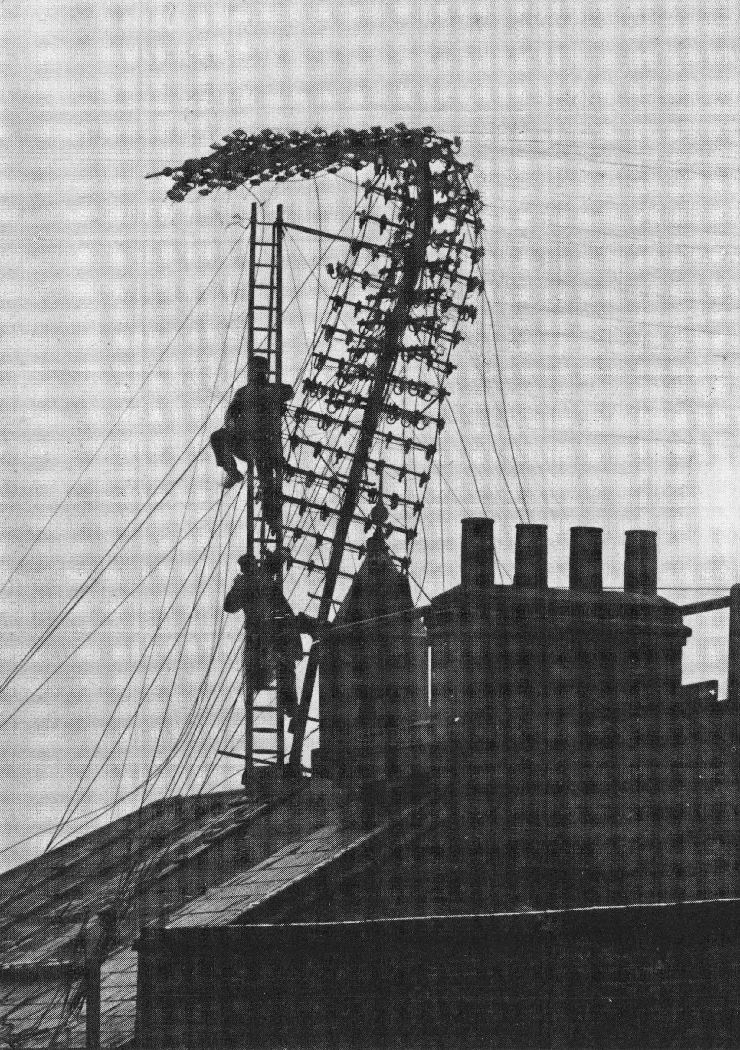 Telephone Old Workers Roof Disaster Damage Repair From Storm Photo Postcard