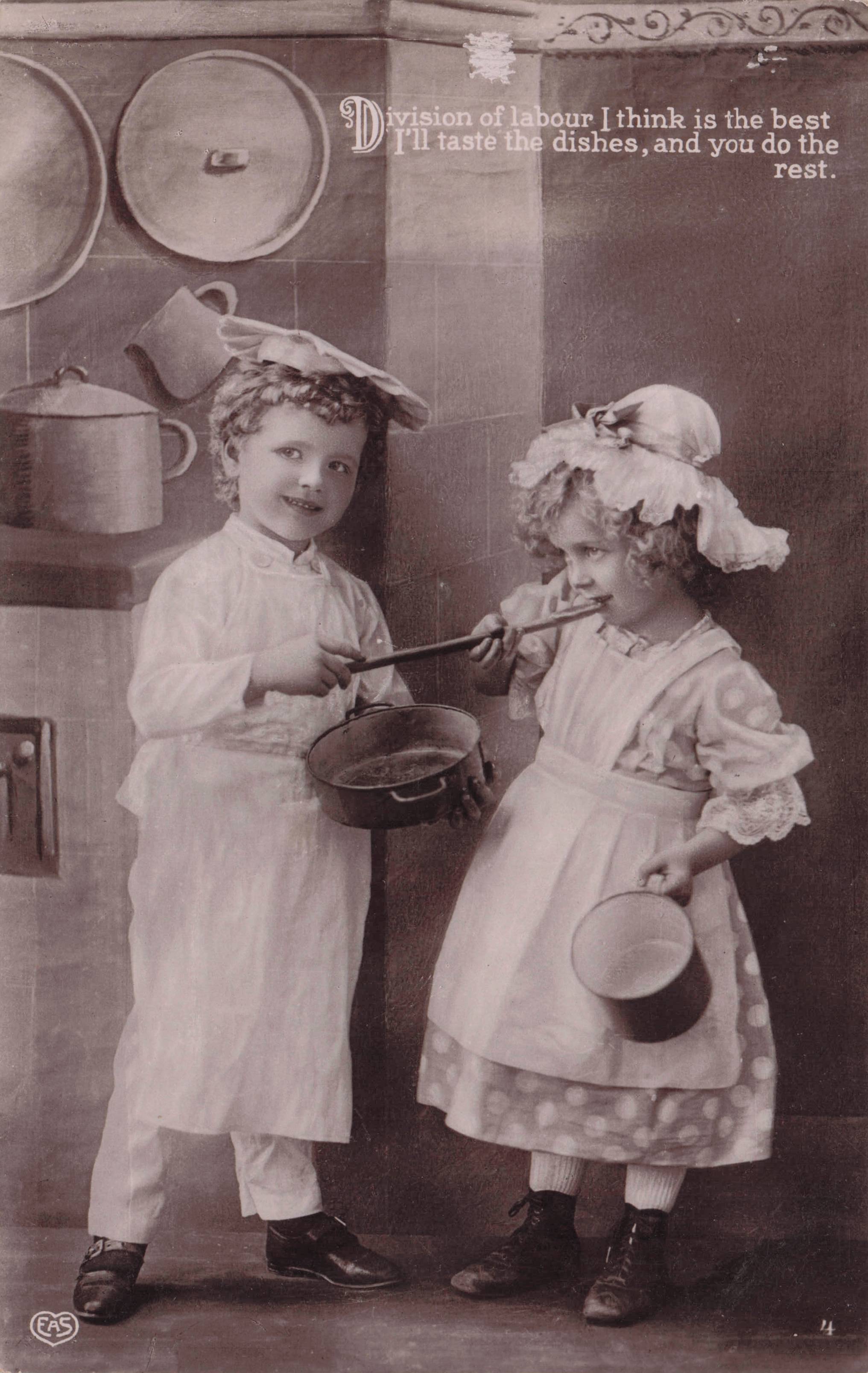Children Chef Cookery Division Of Labour Poetry Real Photo Old Postcard