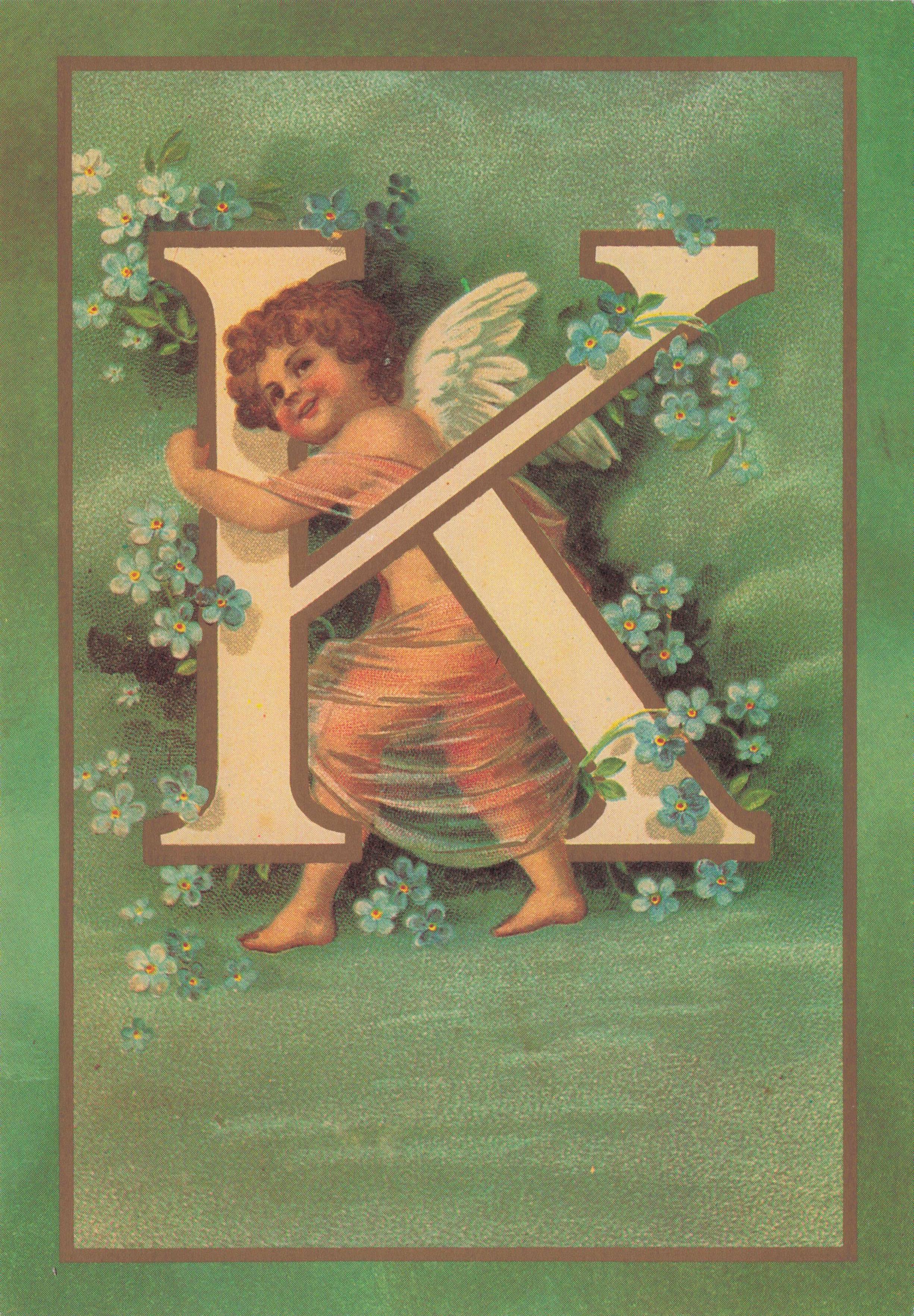 Cupid Romantic God Love Name Big Letter Initial K France Greetings French Postcard