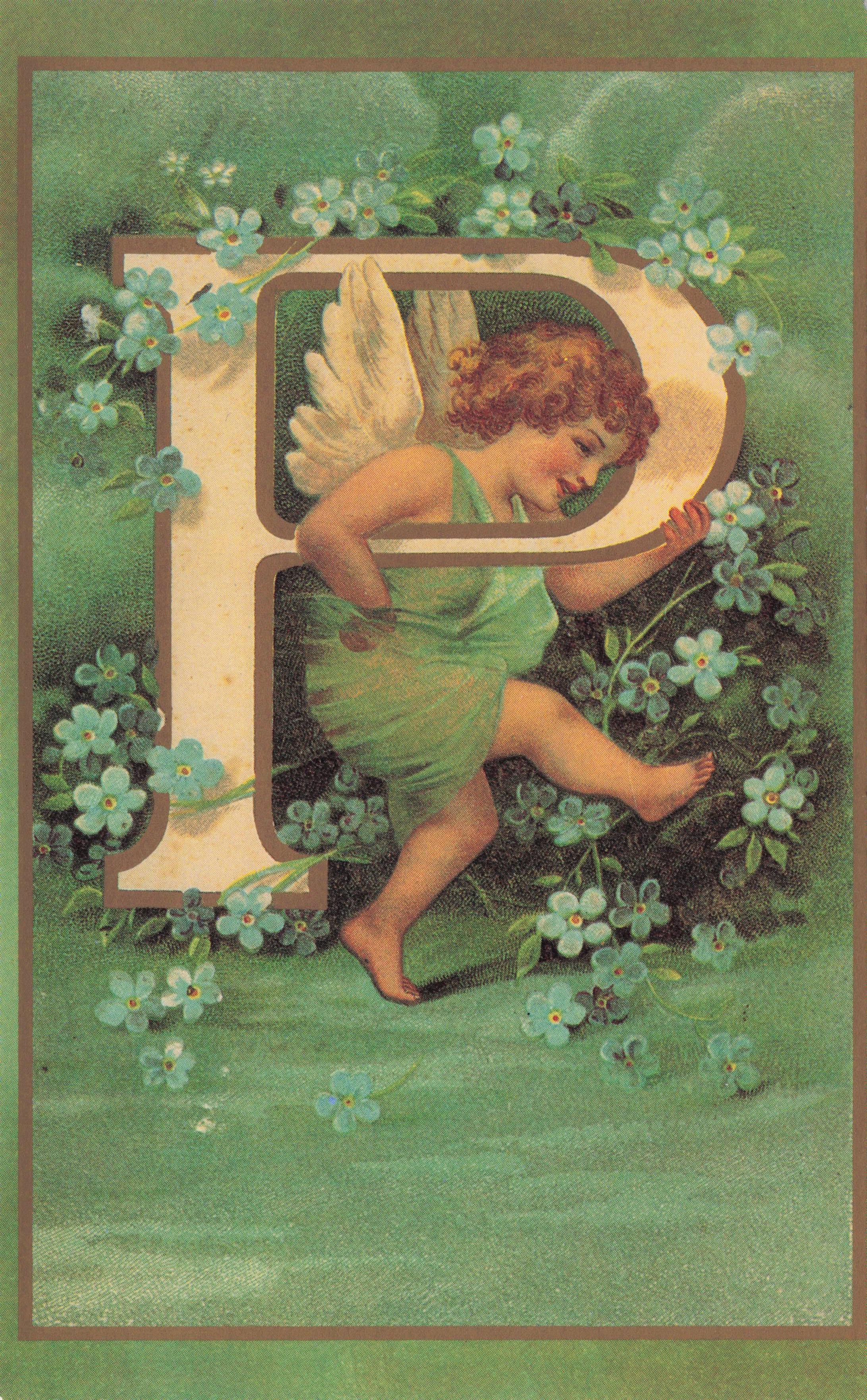 Cupid Romantic God Love Name Big Letter Initial P France Greetings French Postcard