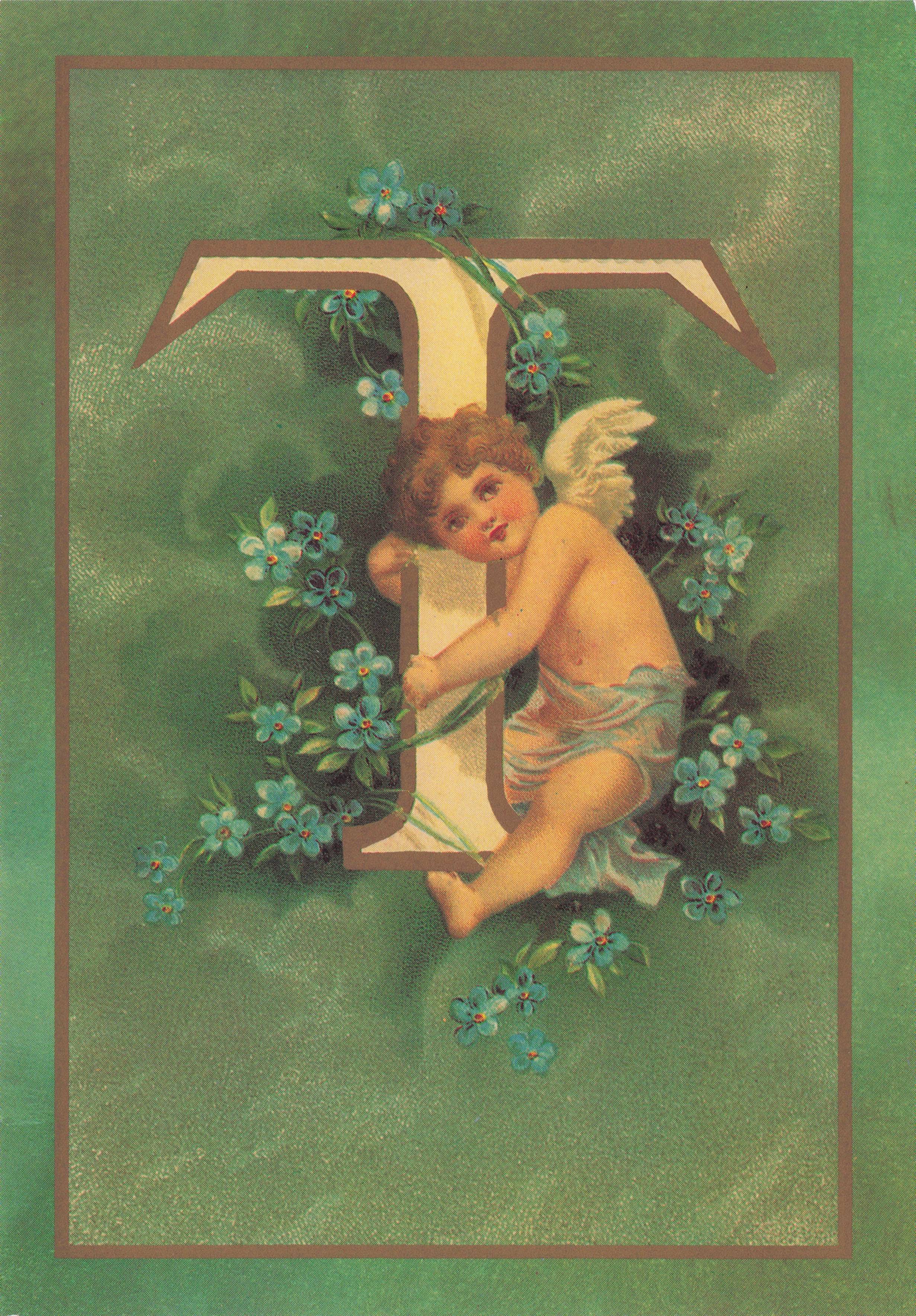 Cupid Romantic God Love Name Big Letter Initial T France Greetings French Postcard