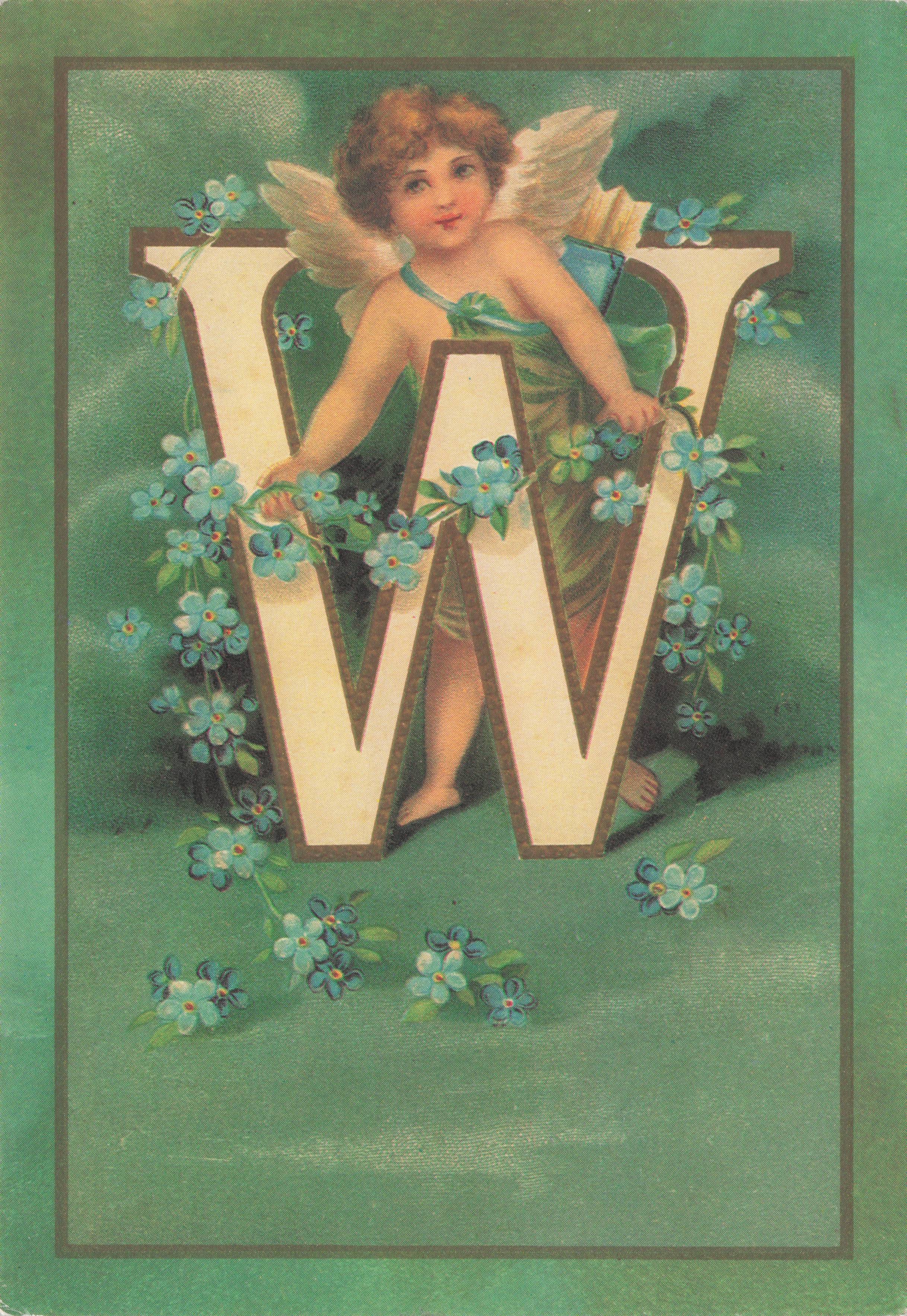 Cupid Romantic God Love Name Big Letter Initial W France Greetings French Postcard