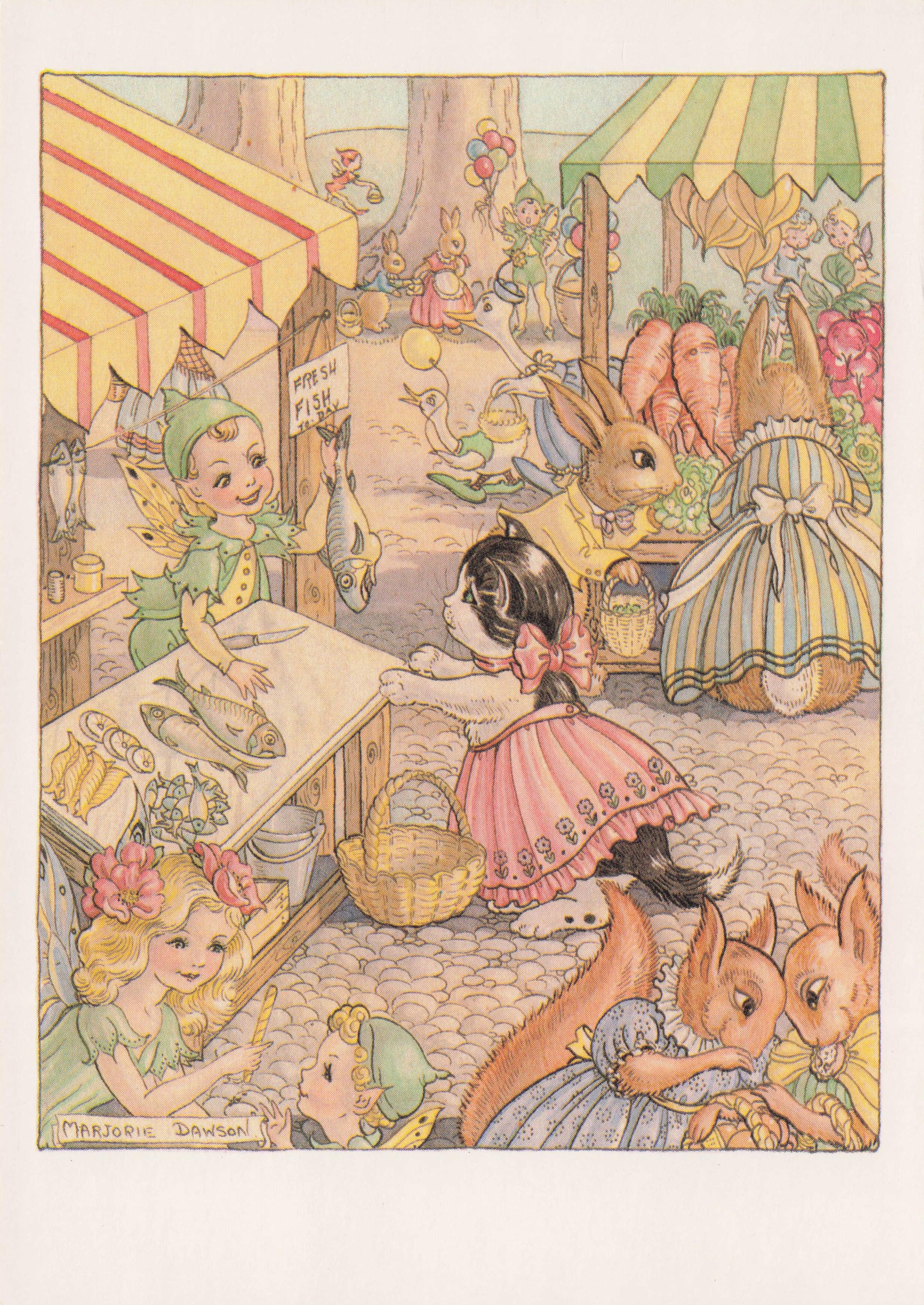 Market Time In Pixie Land Fairy World Collection Marjorie Dawson Postcard