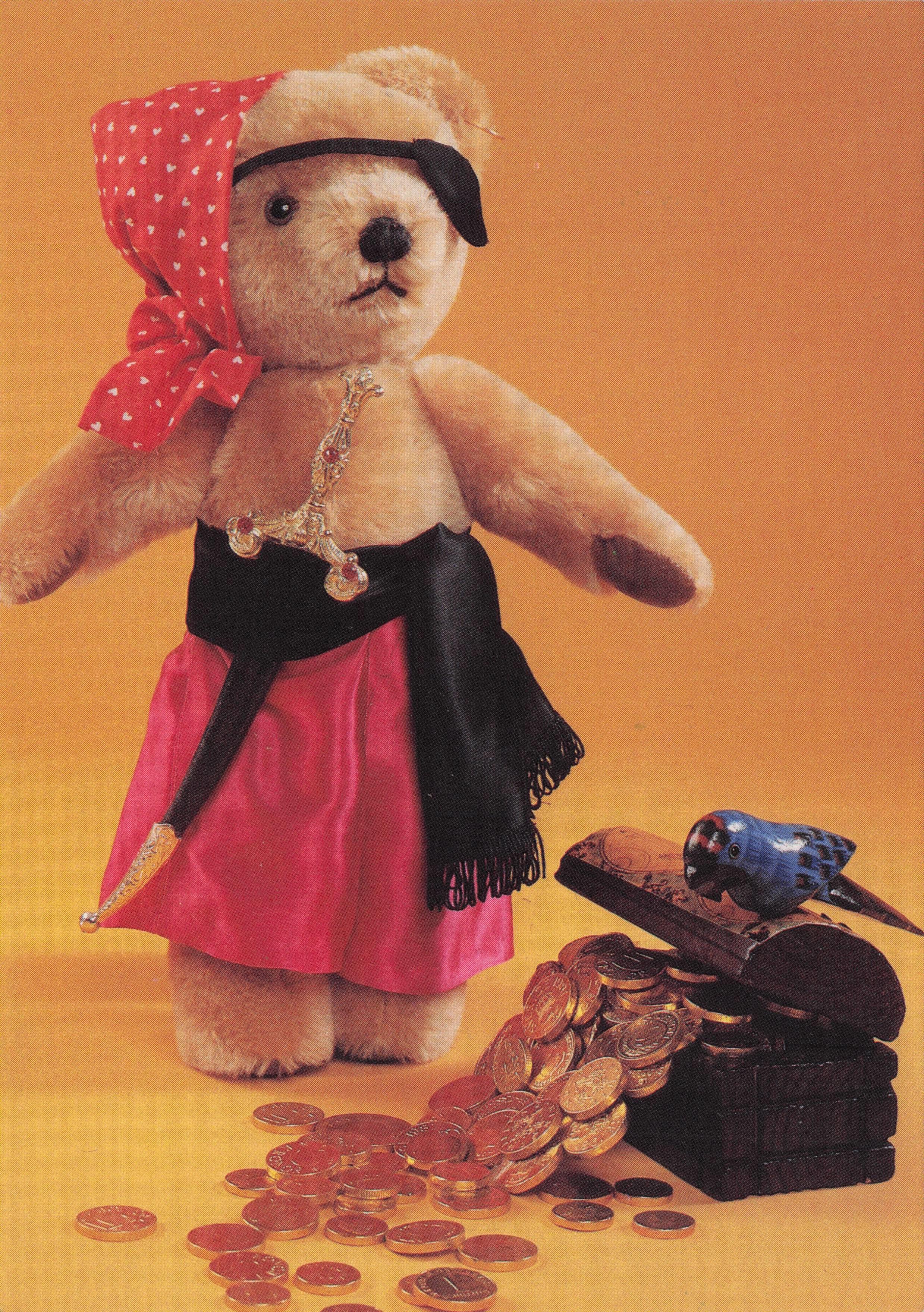 Female Teddy Bear Pirate Fancy Dress Costume Treasure Chest Of Coins Postcard