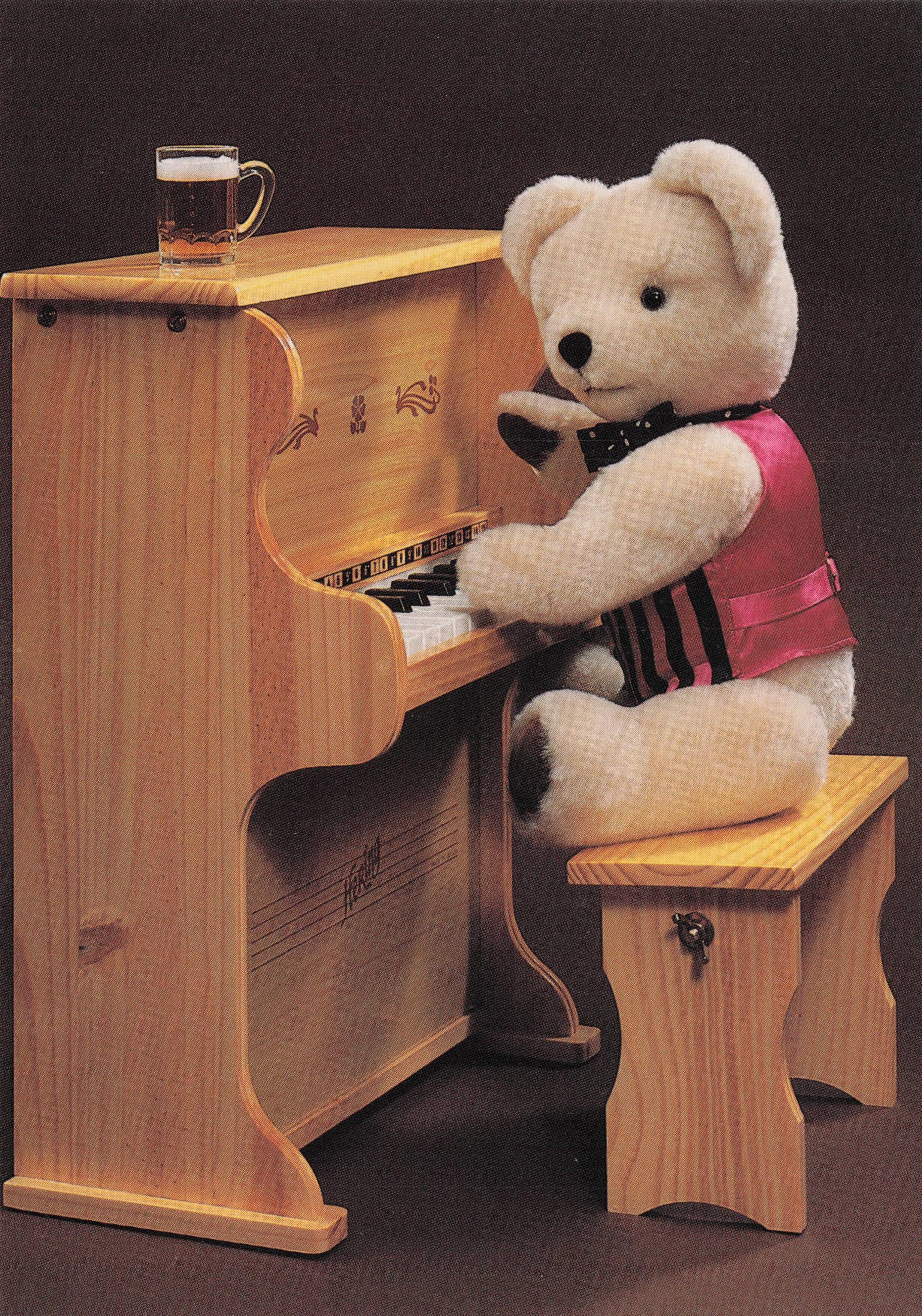 Pianist Teddy Bear Drinking Pint Of Beer Alcohol On Vintage Piano Postcard