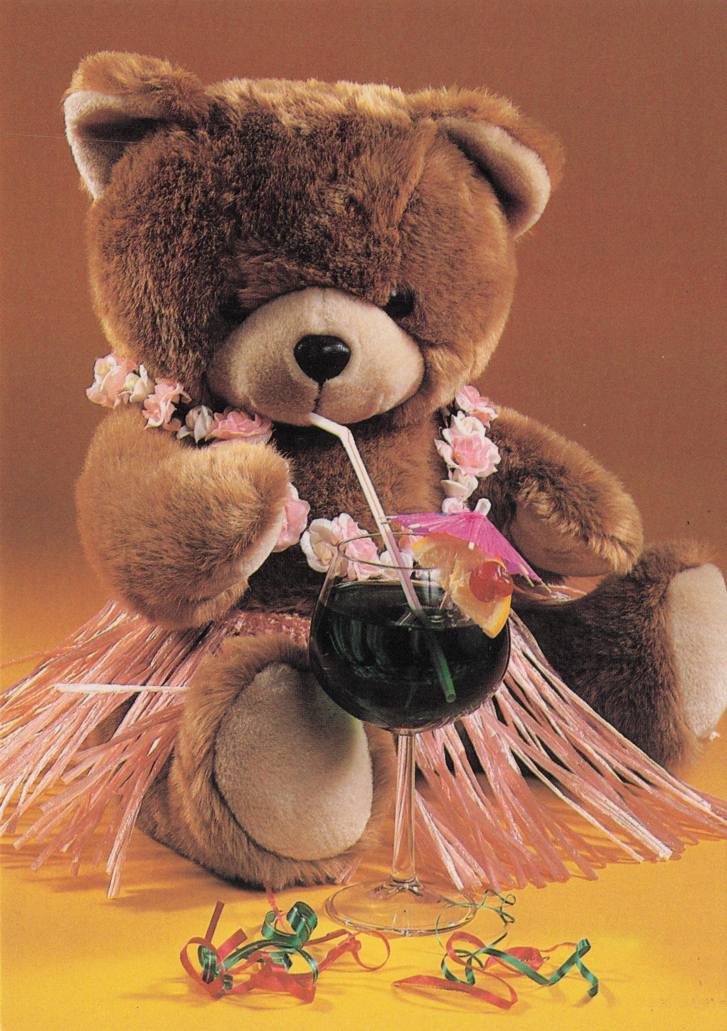 Carnival Pink Lady Teddy Bear Drinking Toy Alcohol Cocktail Glass Postcard