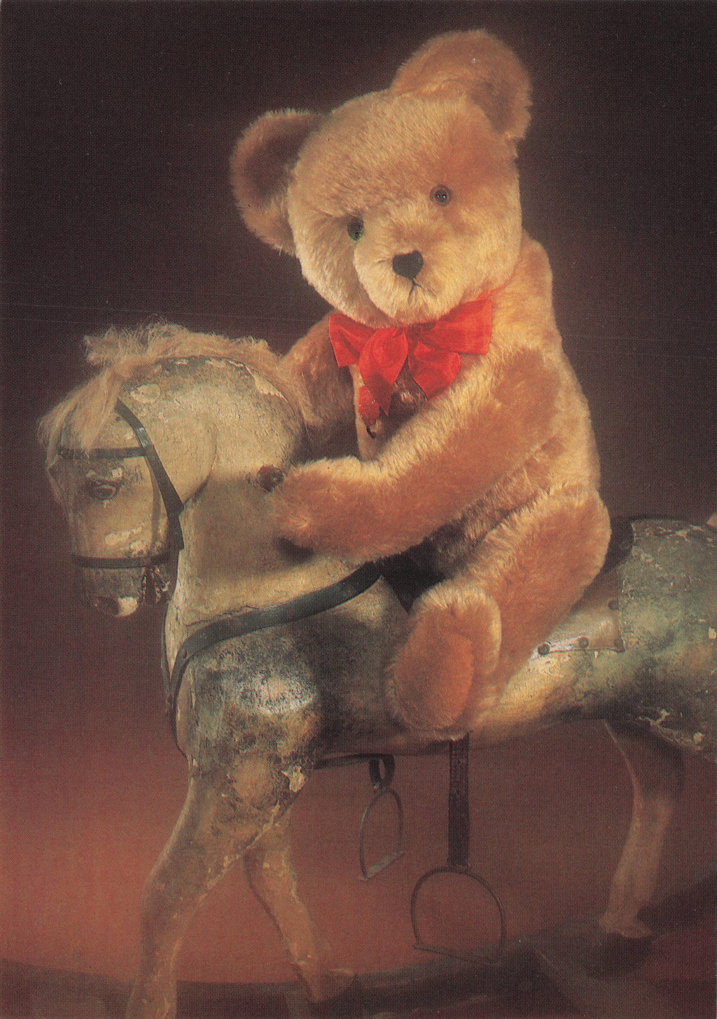 Teddy Bear Riding Antique Toy Fairground Style Metal Horse Postcard
