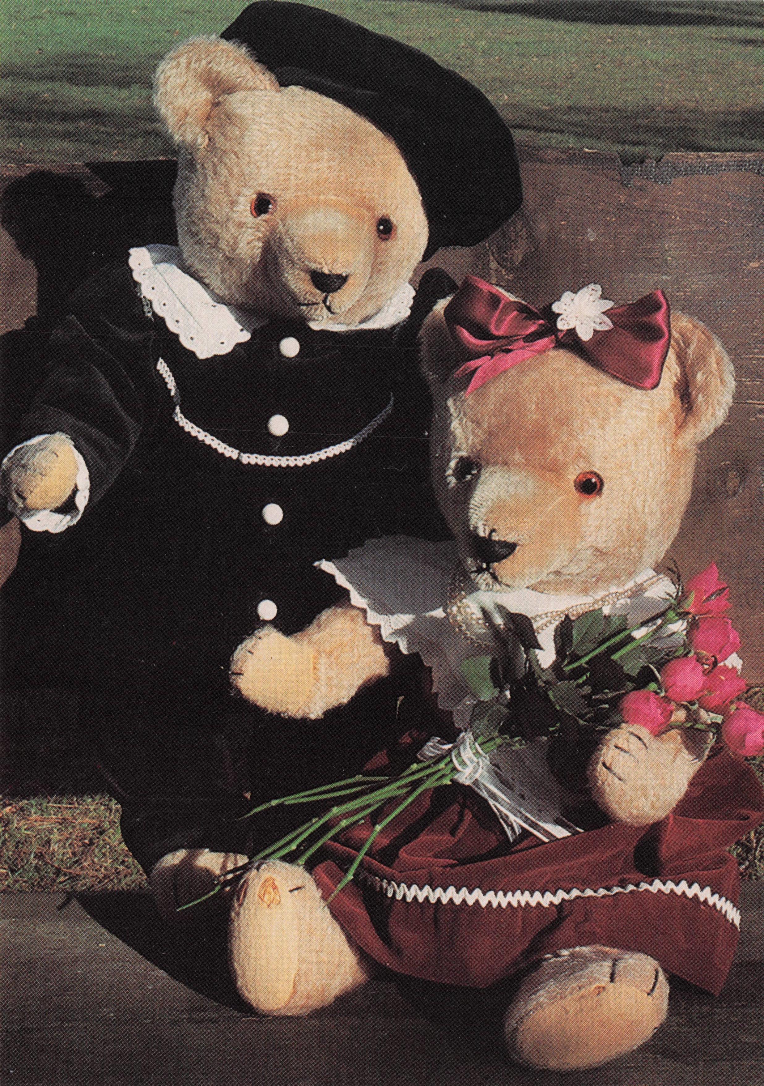 Posh Gentleman Teddy Courting Dating Lady Bear With Buying Flowers Postcard