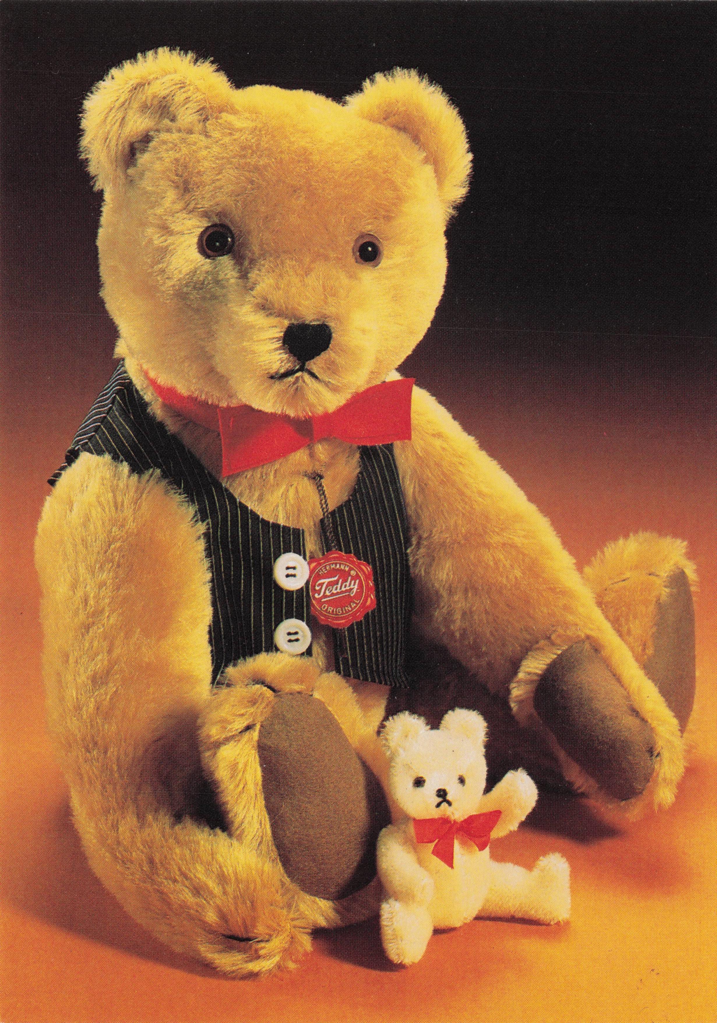 Giant Teddy Bear with Tiny Boy Child Posh Waistcoast Medal Badge Postcard