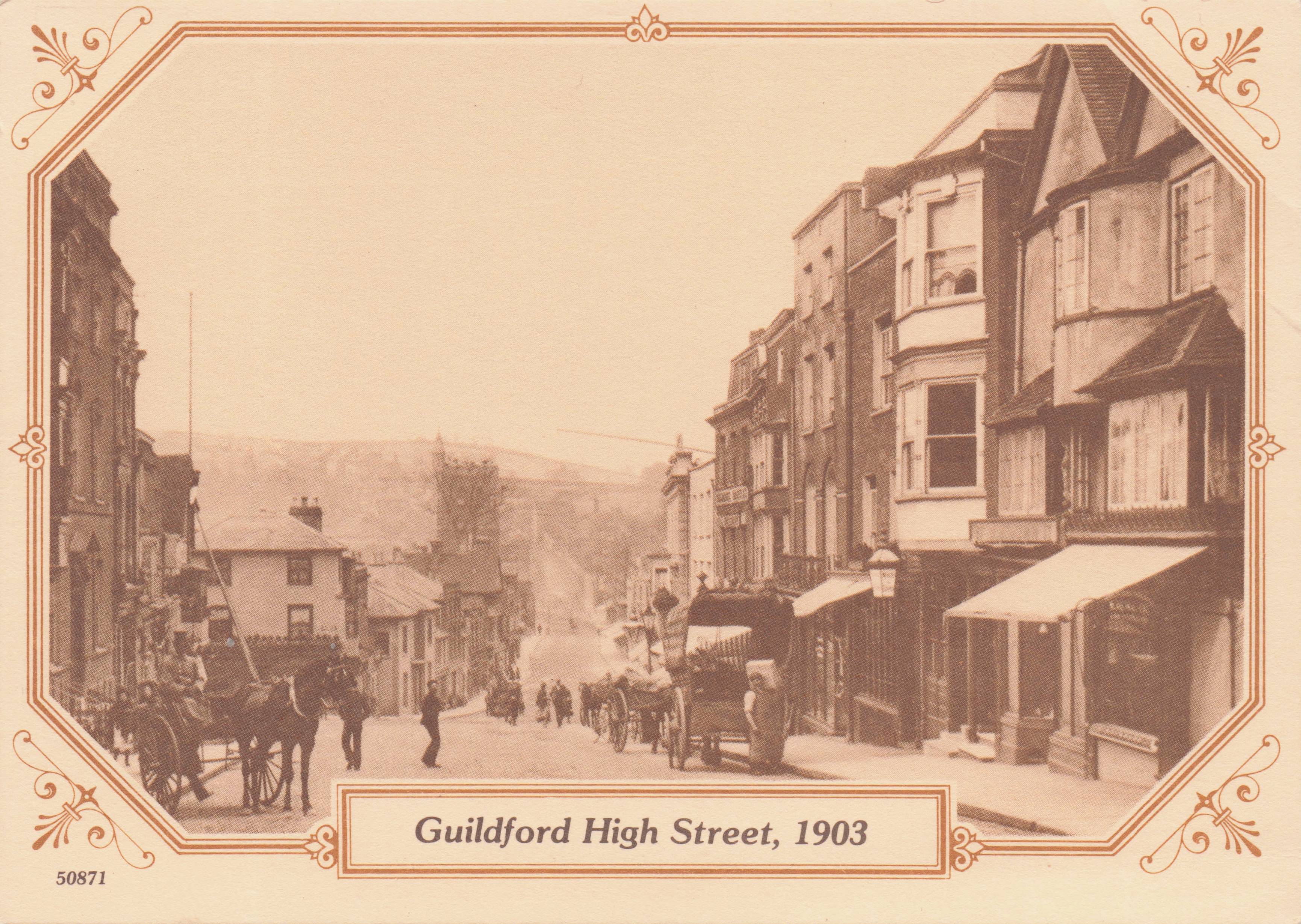 Shops & Horses & Carts on Guildford Old High Street Surrey in 1903 Postcard