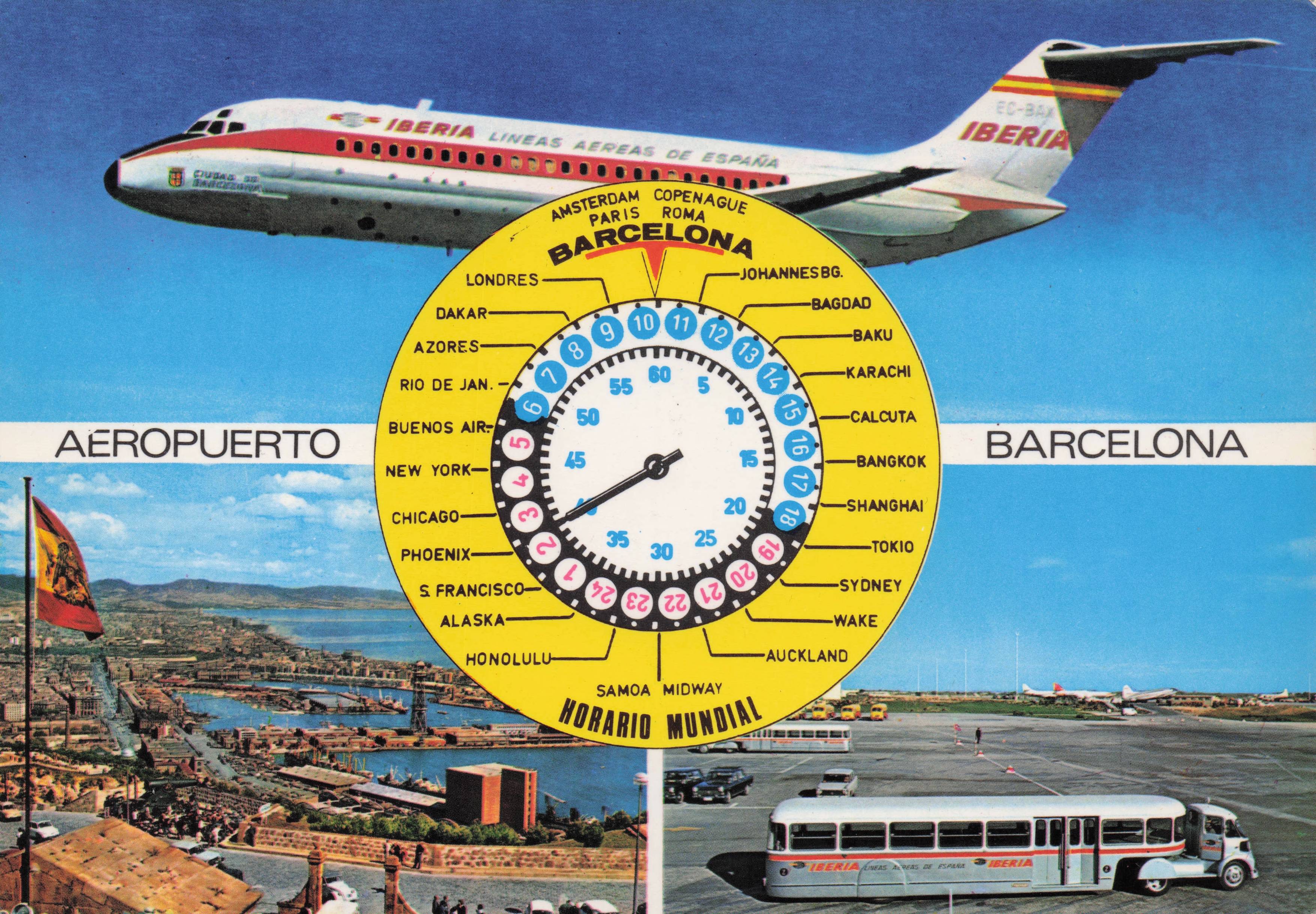 Barcelona Aiport Plane World Clock Runway Bus Transport Spain Postcard