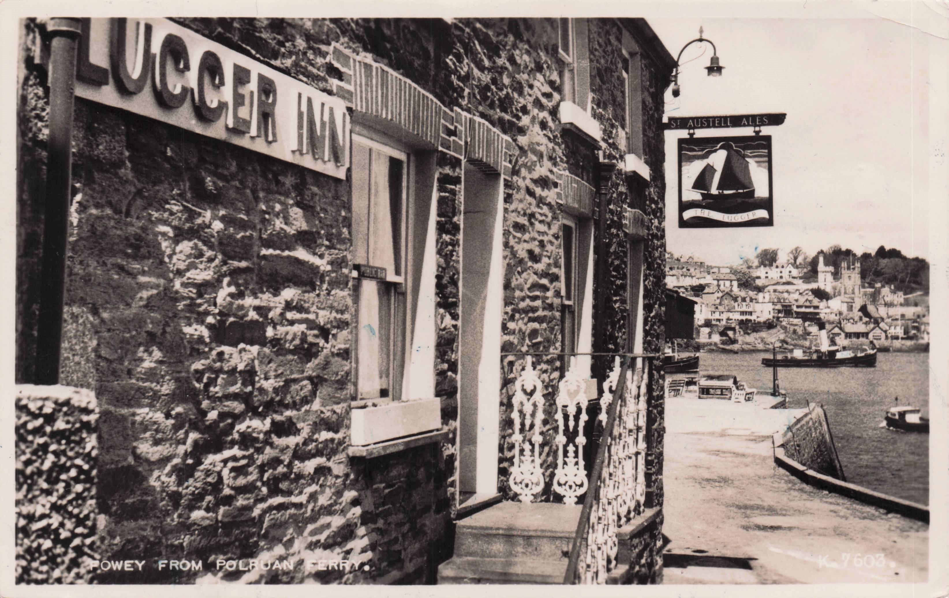 Lugger Inn From Resident Pub Fowey Cornwall Shark Fishing Real Photo Postcard