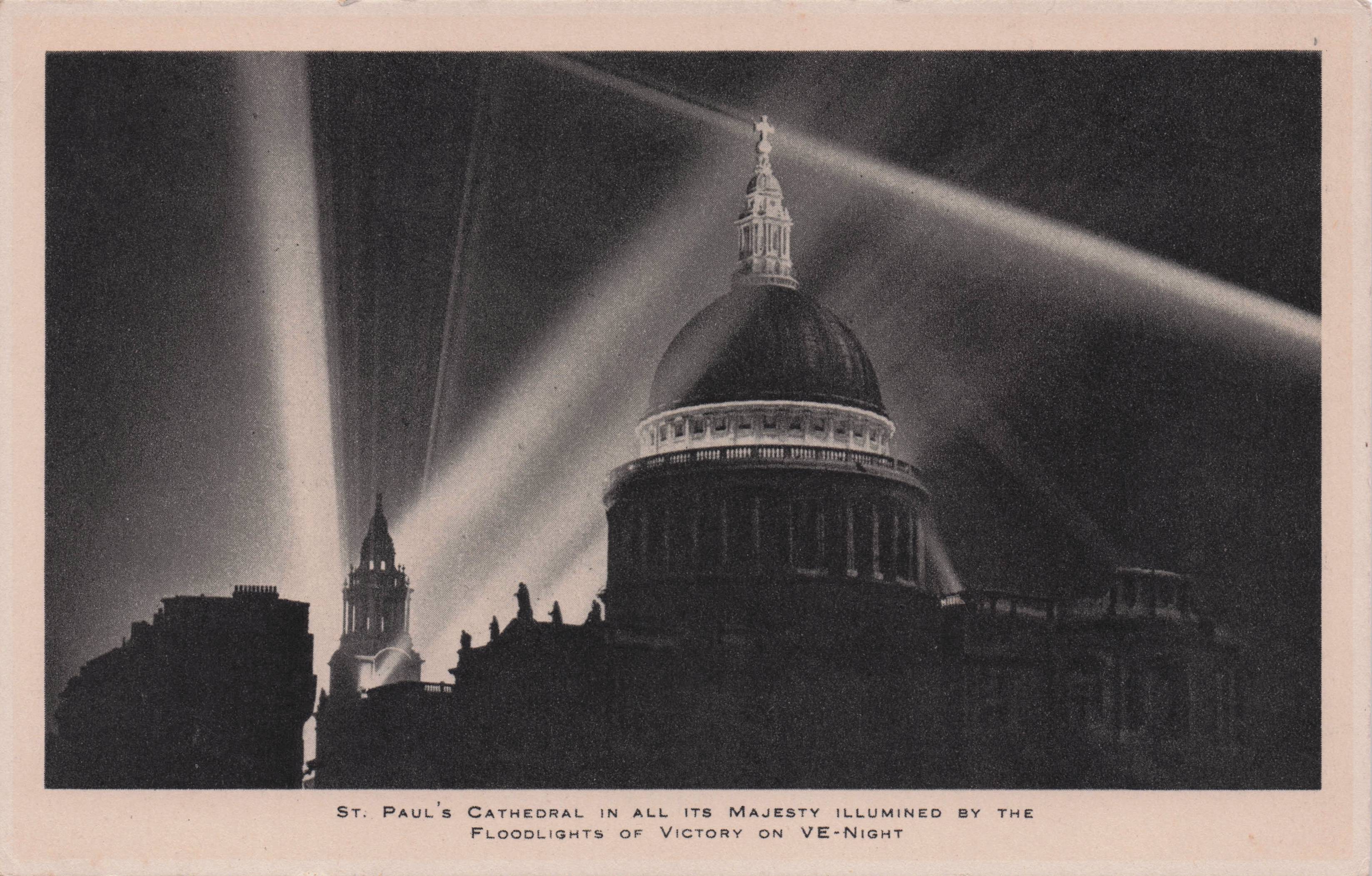 St Pauls Cathedral WW2 VE Day Night Illuminations Winston Churchill Tucks Old Postcard