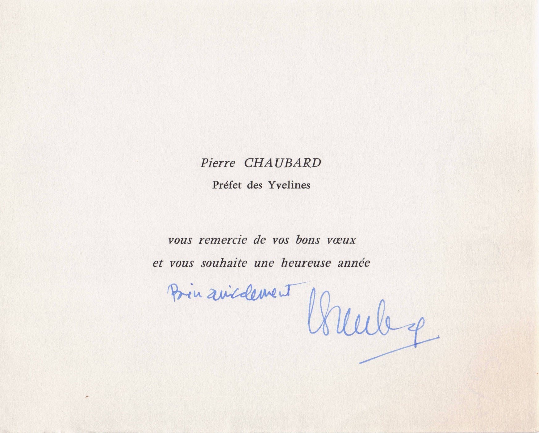 French Politics Autograph Hand Signed France Prefet Des Yvelines Pierre Chaubard