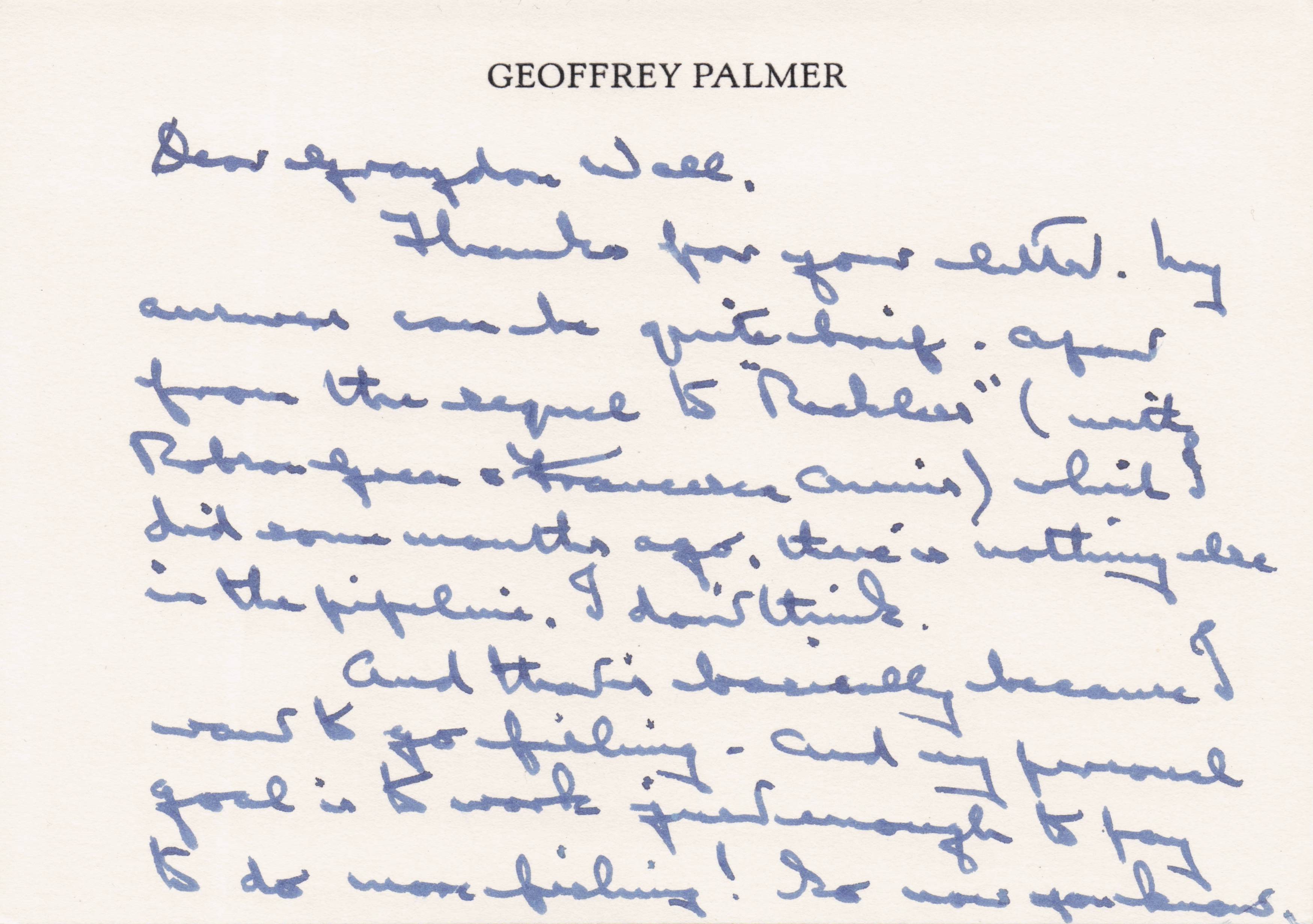 Geoffrey Palmer TV Actor Fully Hand Written And Signed On Headed Paper Card