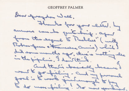 Geoffrey Palmer TV Actor Fully Hand Written And Signed On Headed Paper Card