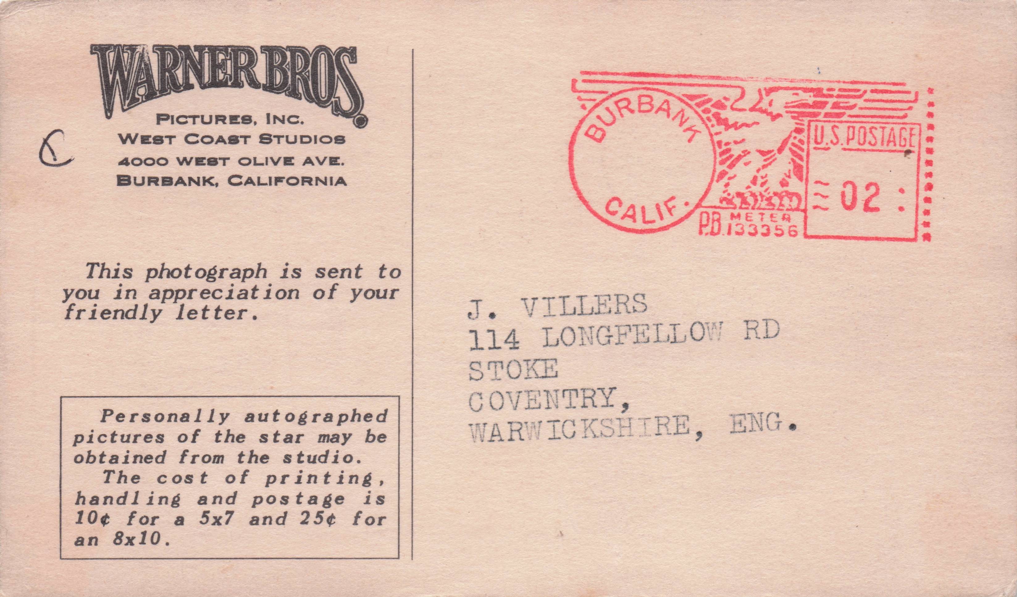 Alexis Smith Printed Autograph Postcard Sent From Warner Bros California Photo