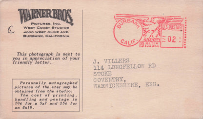 Alexis Smith Printed Autograph Postcard Sent From Warner Bros California Photo