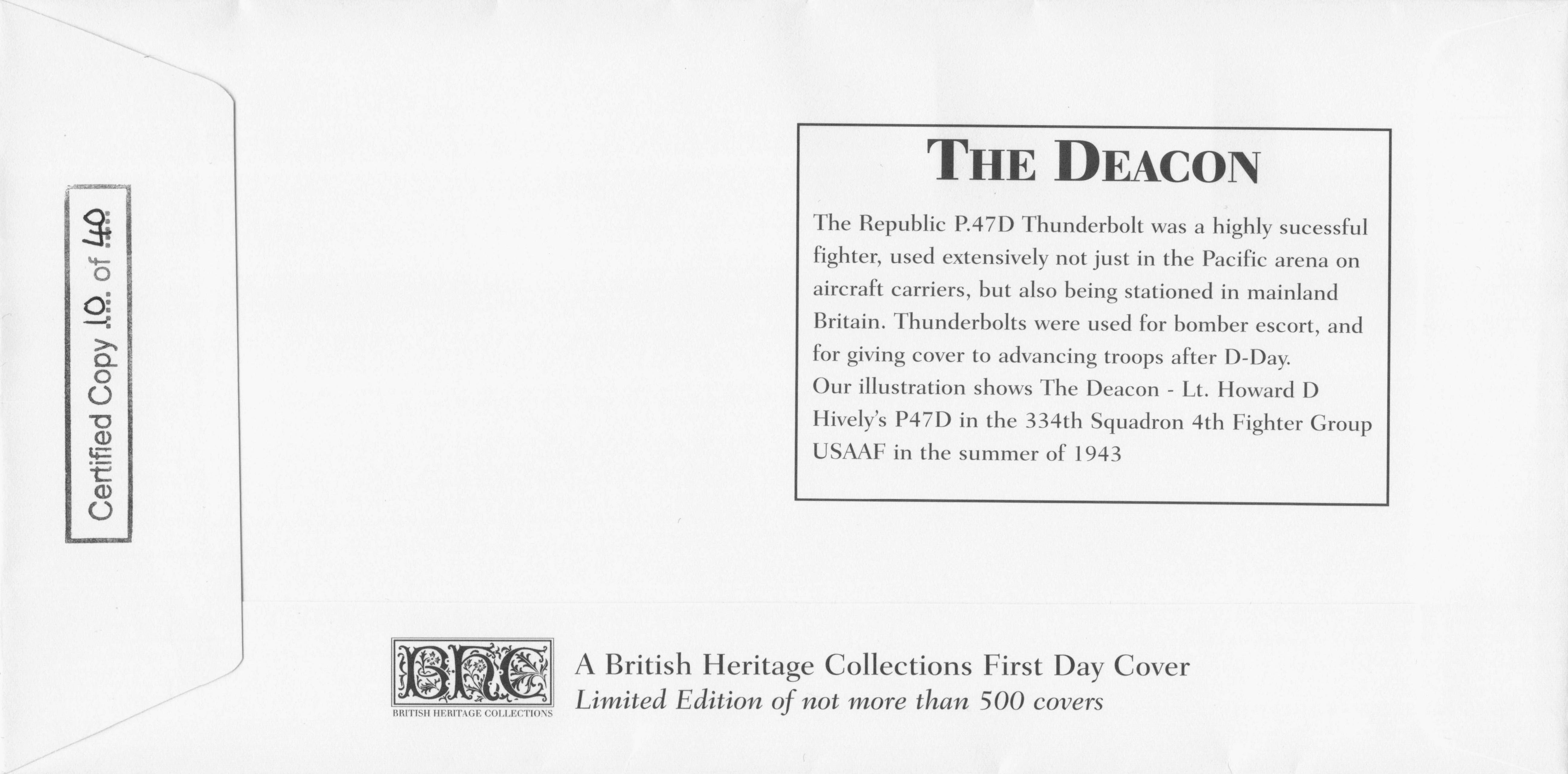 The Deacon P47D John Miller Pilot D-Day DSO WW2 Hand Signed LTD TO 40 FDC