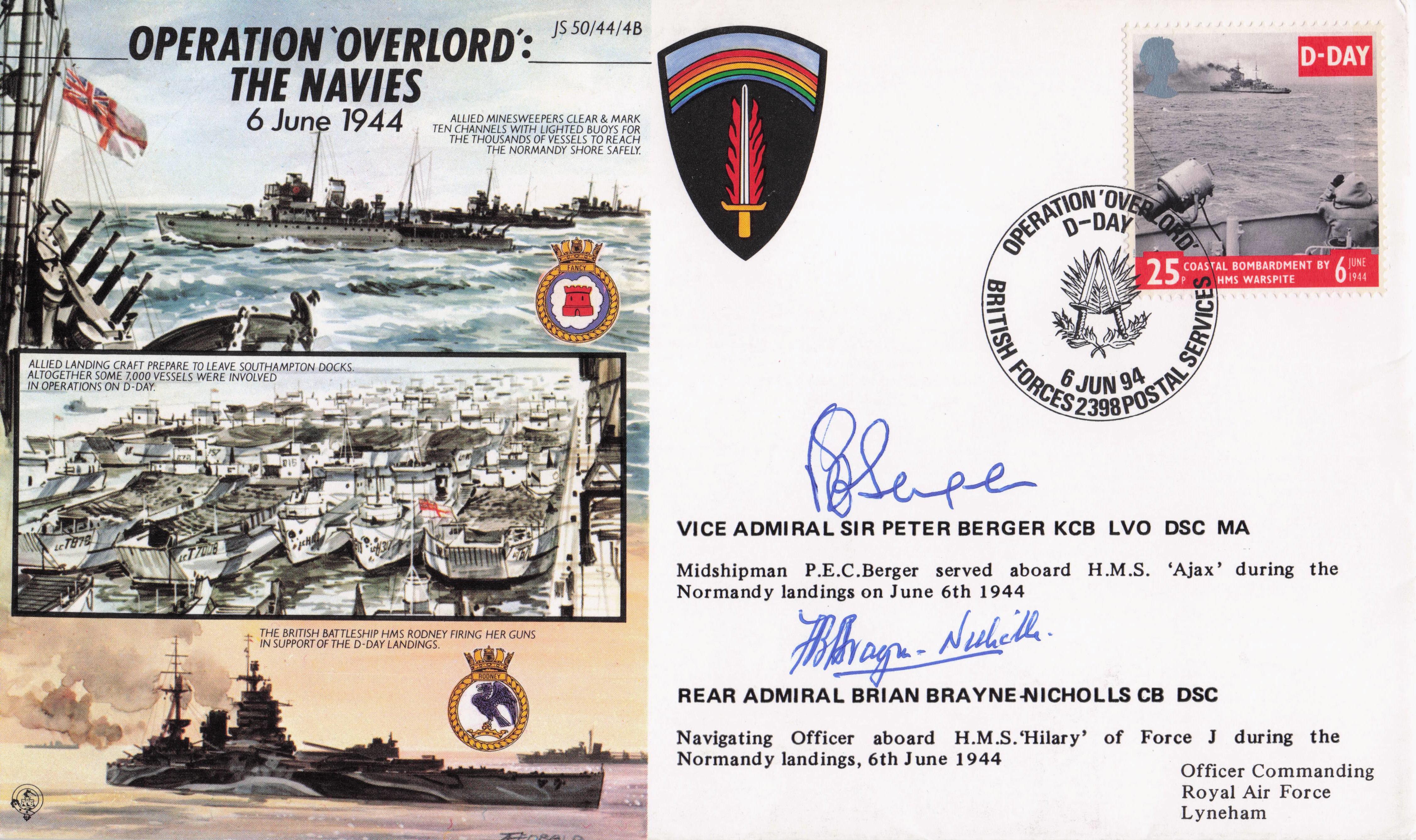 Operation Overlord Sir Peter Berger HMS Ajax Normandy Landings Hand Signed FDC