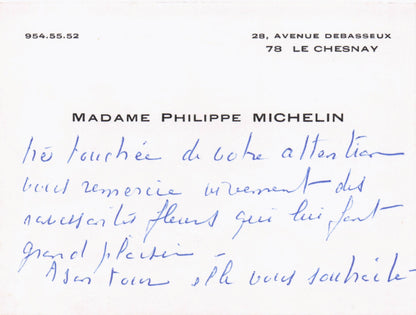 French Mrs Phillippe Michelin Tyre Director Hand Signed Business Card