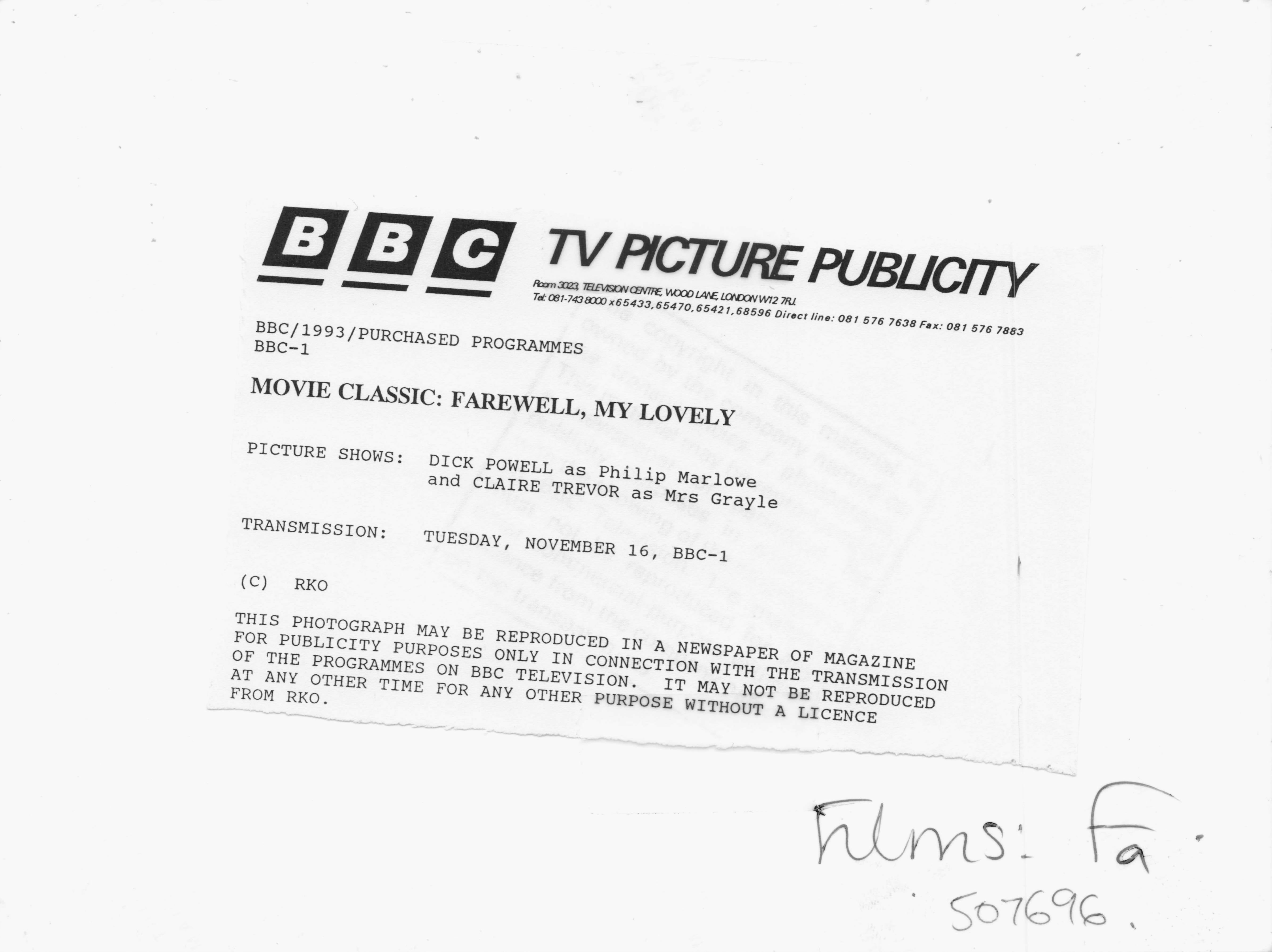 Dick Powell Farewell My Lovely BBC Television Press Media Publicity Photo