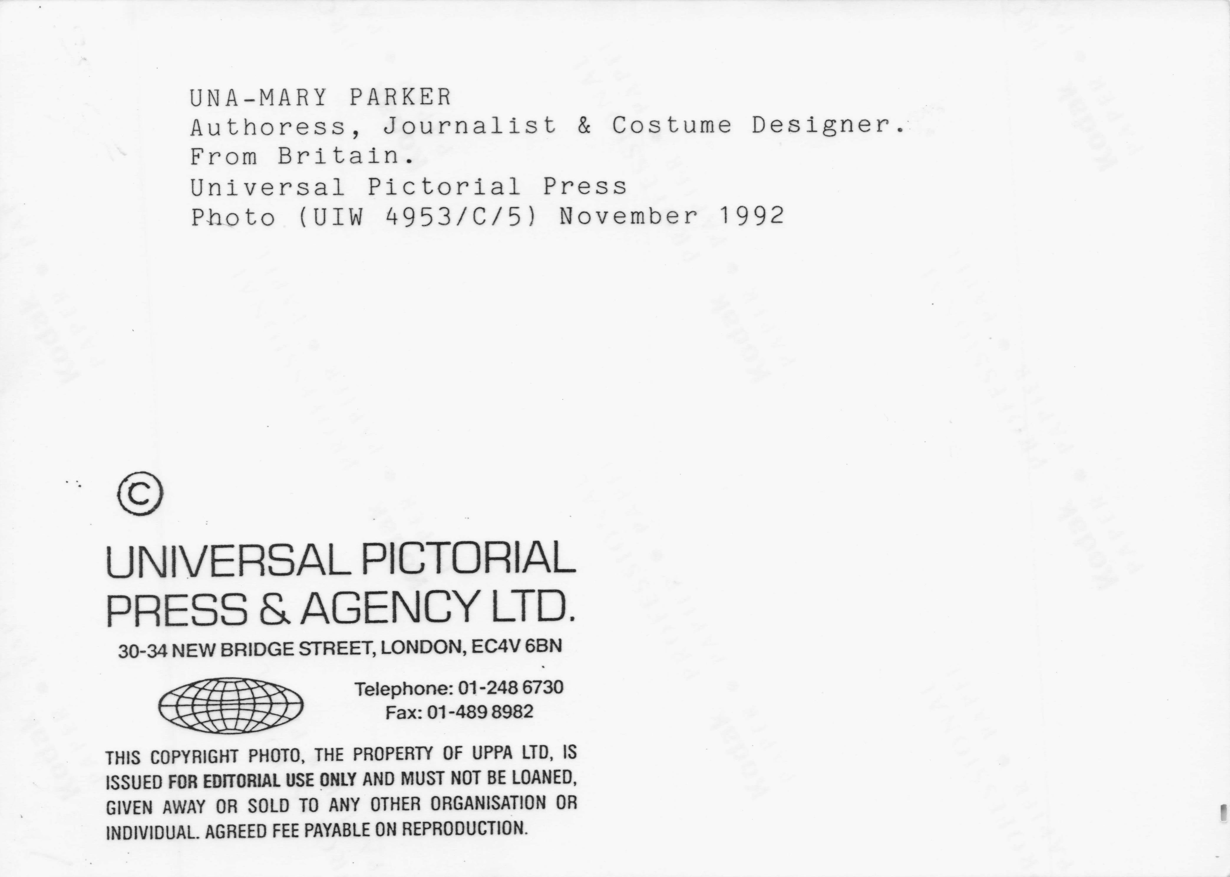 Una Mary Parker Book Author Journalist Costume Designer 1992 Press Photo