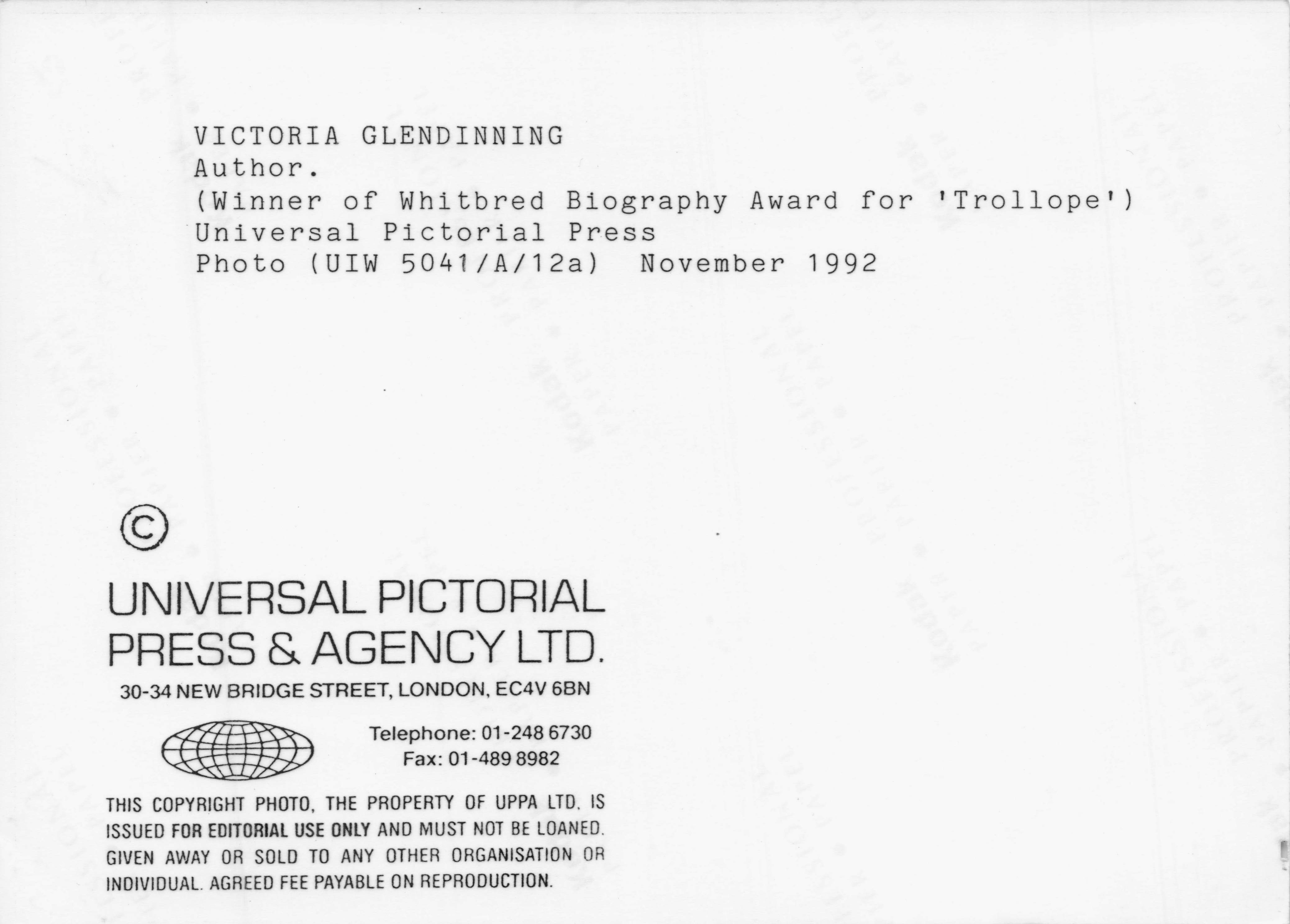 Victoria Glendinning Book Author Trollope Award 1992 London Press Photo