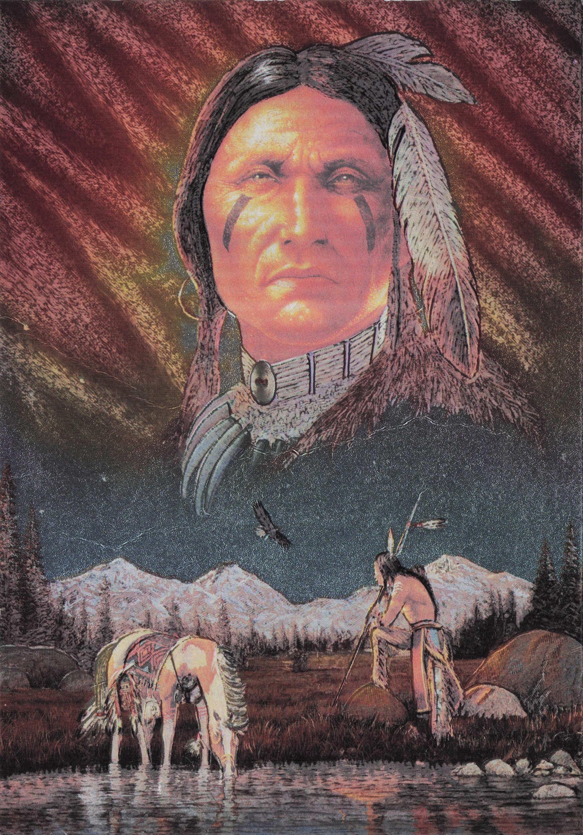 Chief Eagle Feather Old Native American Indian Metallic Rare Painting Postcard