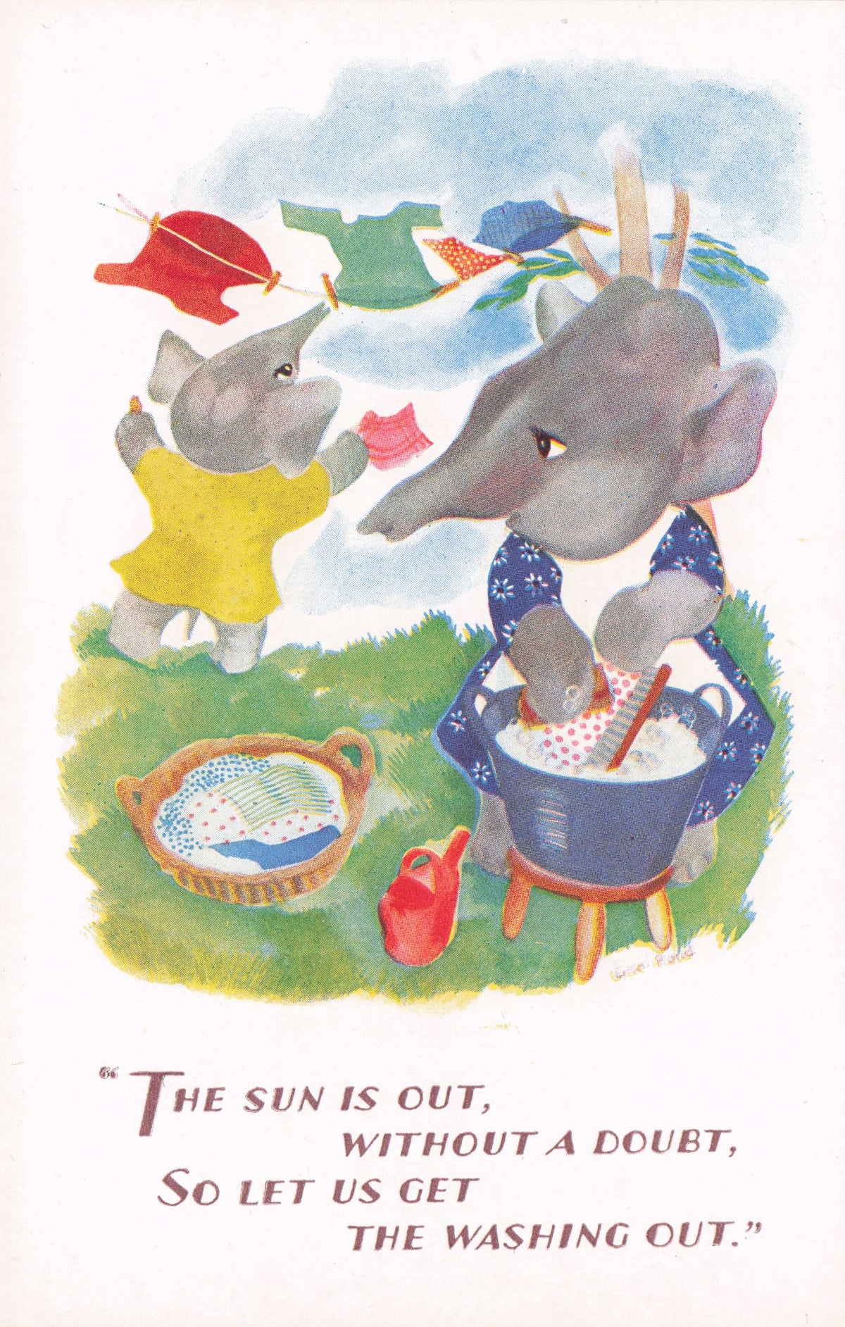 Elephants Anthropomorphic Washing Line Laundry Poem Antique Comic Postcard