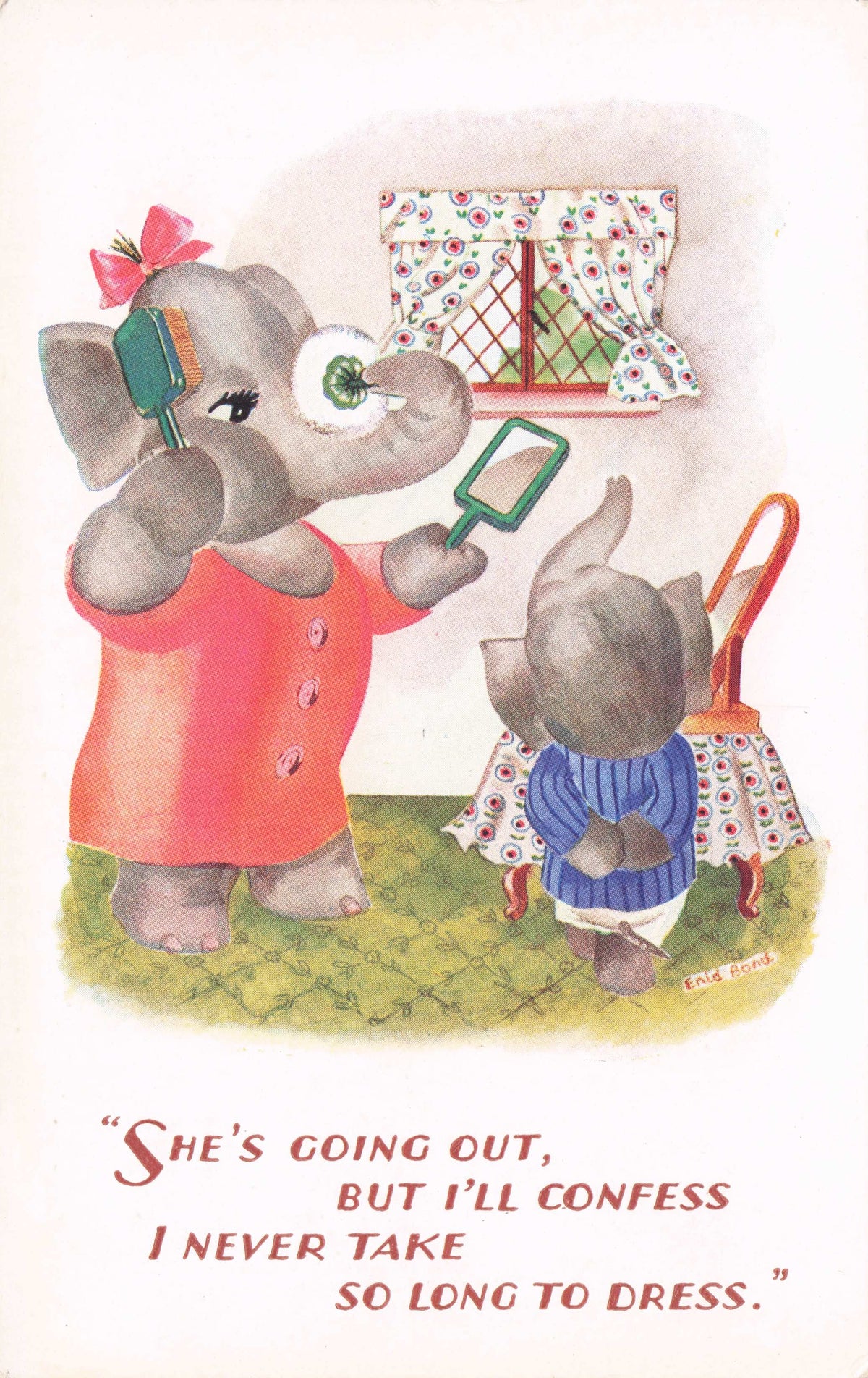 Lady Anthropomorphic Girl Elephant On Date Make Up Dressing Comic OId Postcard