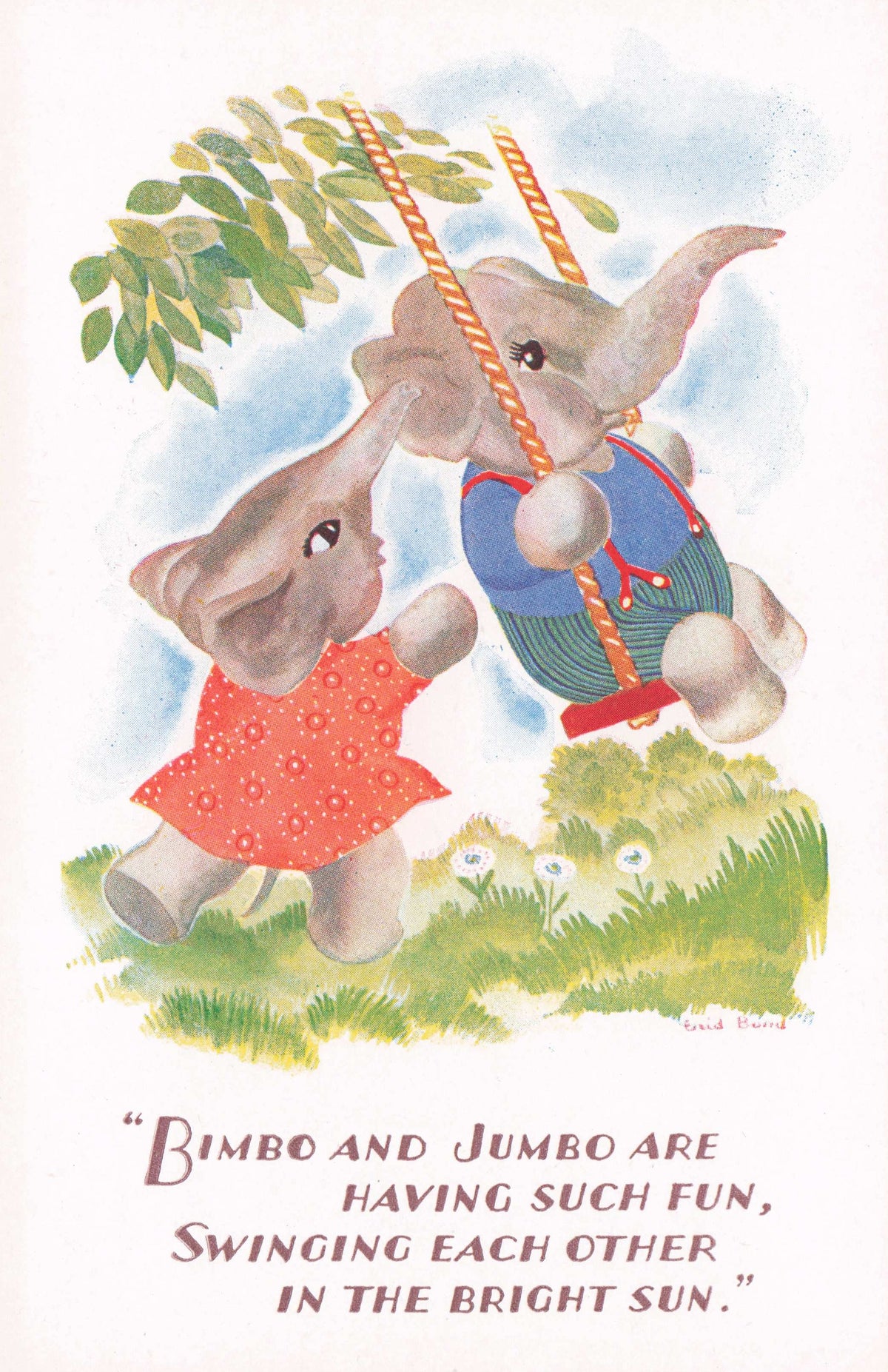Playground Childrens Anthropomorphic Elephant Swings Cute Comic OId Postcard