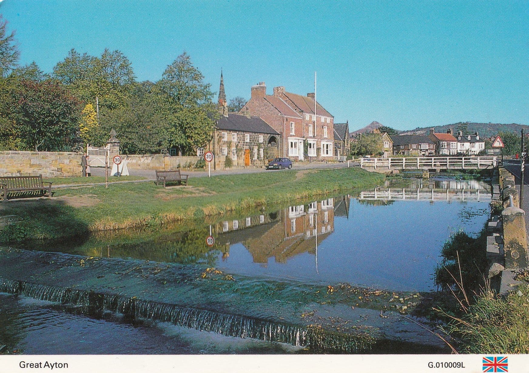 Great Ayton Reflections in River Hall Speed Signs Yorkshire Postcard