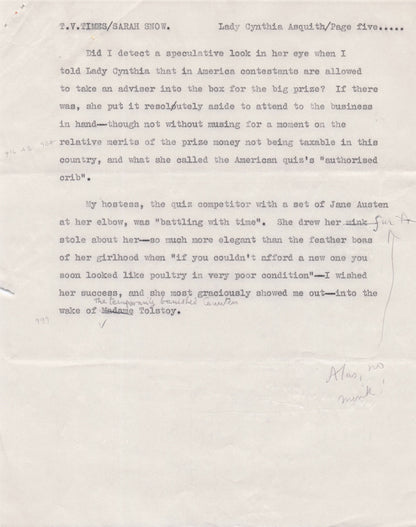 Lady Cynthia Asquith Interview & 4 Page Hand Written & Signed Headed Paper Letter