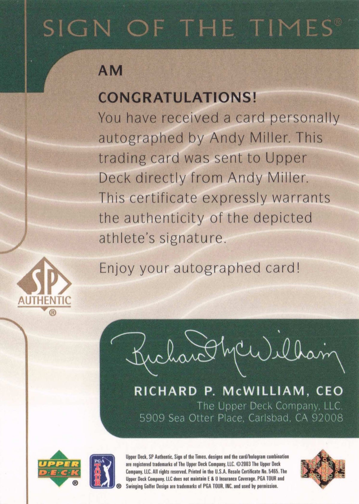 Andy Miller Sign Of The Times 2003 Hand Signed Golf Photo Autograph Card