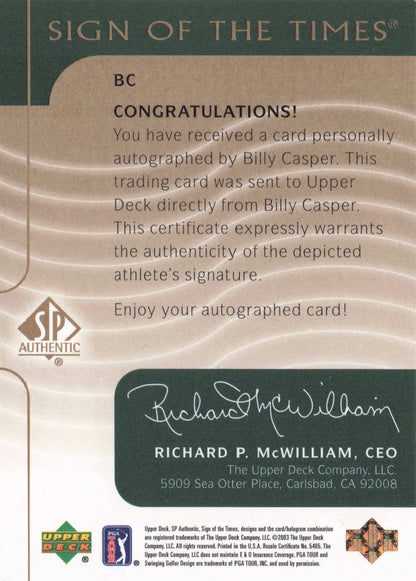 Billy Casper Sign Of The Times Hand Signed 2003 Photo Golf Autograph Card