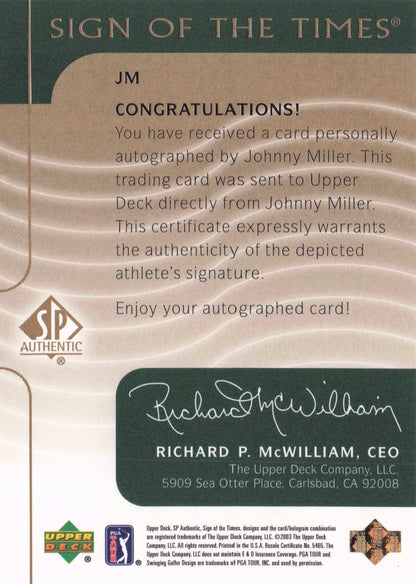 Johnny Miller 2003 Sign Of The Times Hand Signed Golf Rare Autograph Card