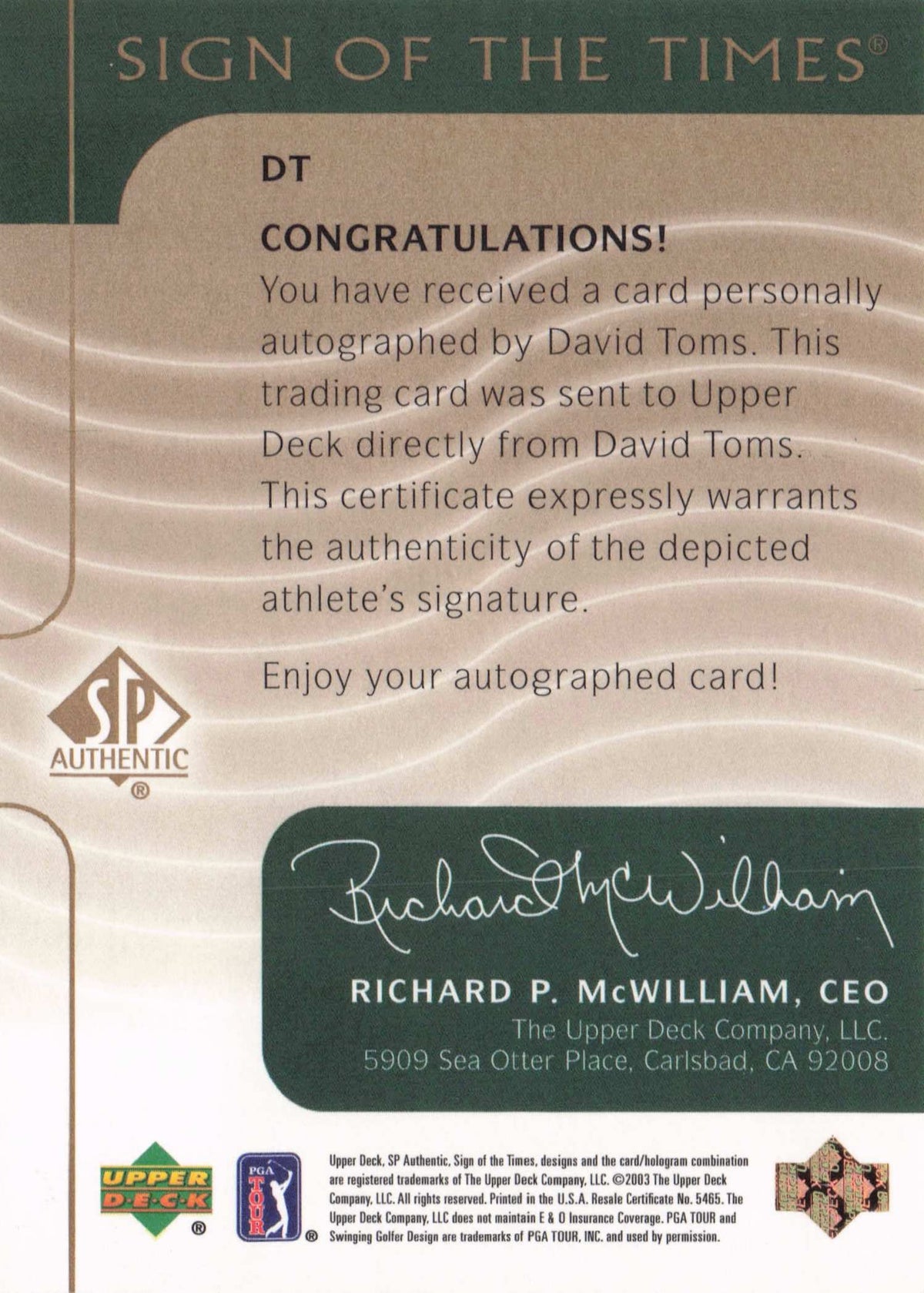 David Toms 2003 Sign Of The Times Hand Signed Golf Rare Autograph Card