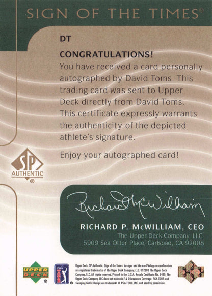 David Toms 2003 Sign Of The Times Hand Signed Golf Rare Autograph Card