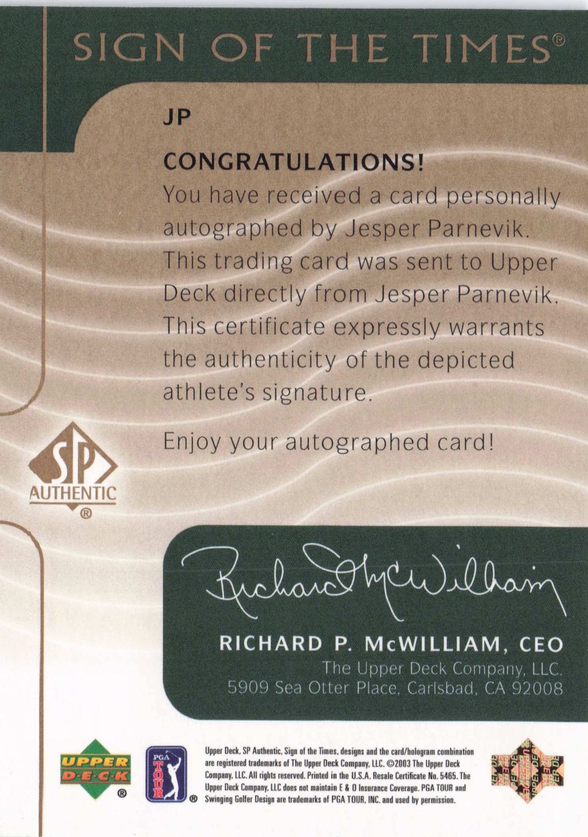 Jesper Parnevik 2003 Sign Of The Times Hand Signed Golf Autograph Card