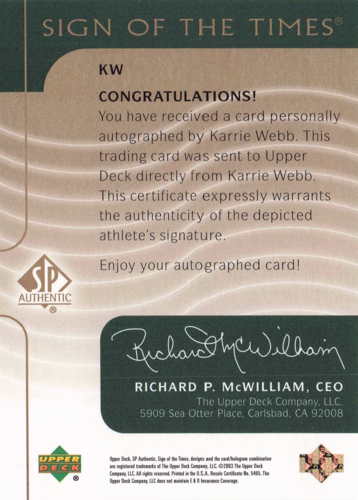Karrie Webb 2003 Sign Of The Times Hand Signed Golf Autograph Card
