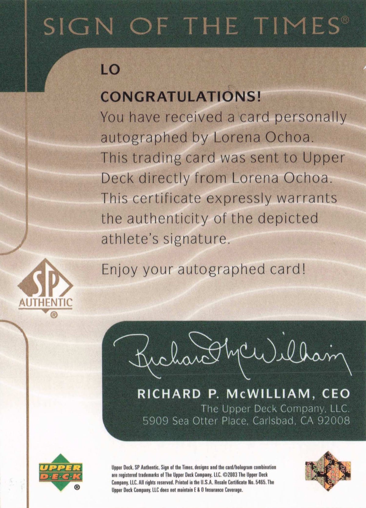 Lorena Ochoa 2003 Sign Of The Times Hand Signed Golf Autograph Card